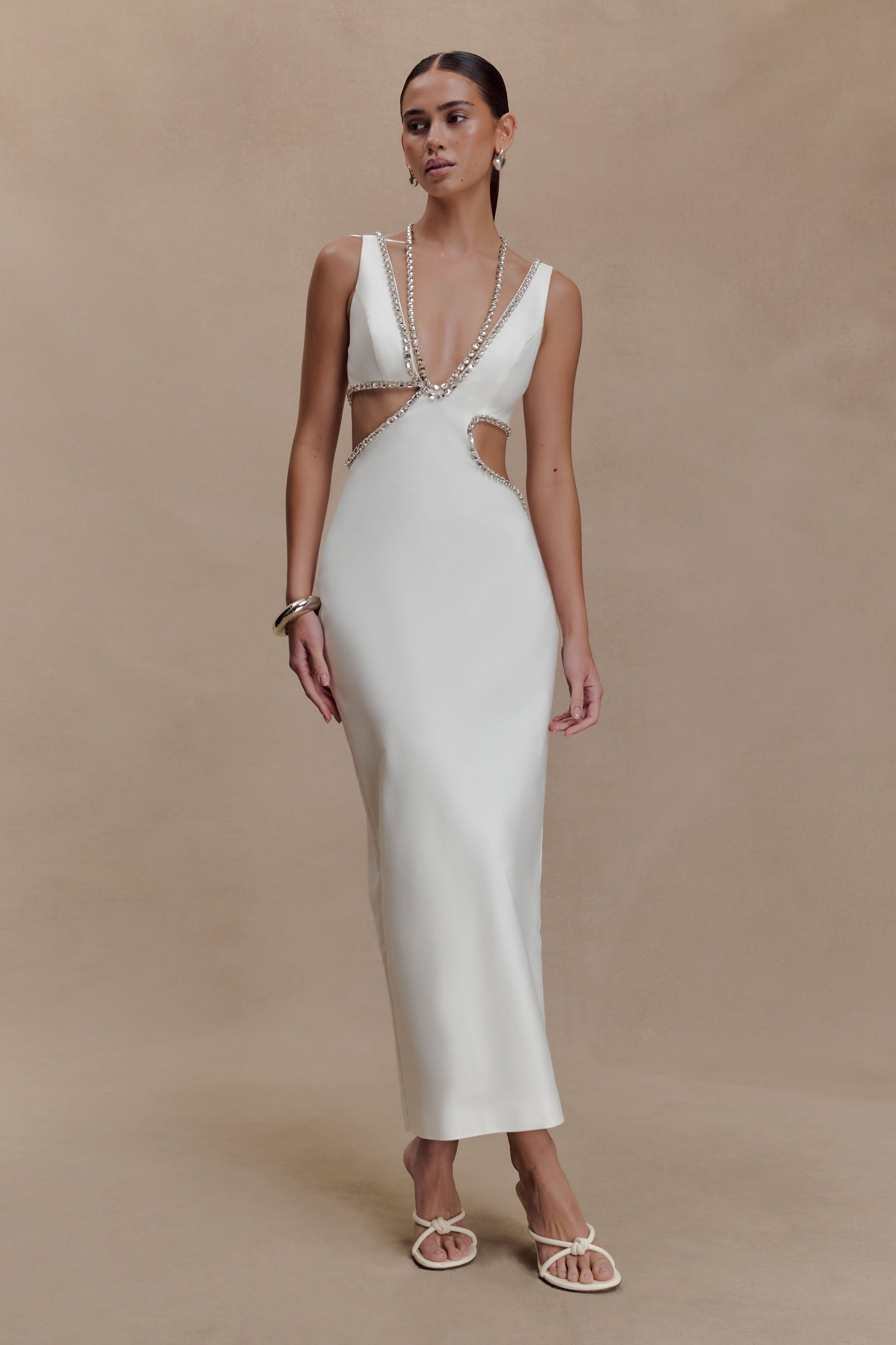 Henny Diamante Trim Cut Out Midi Dress - White #7