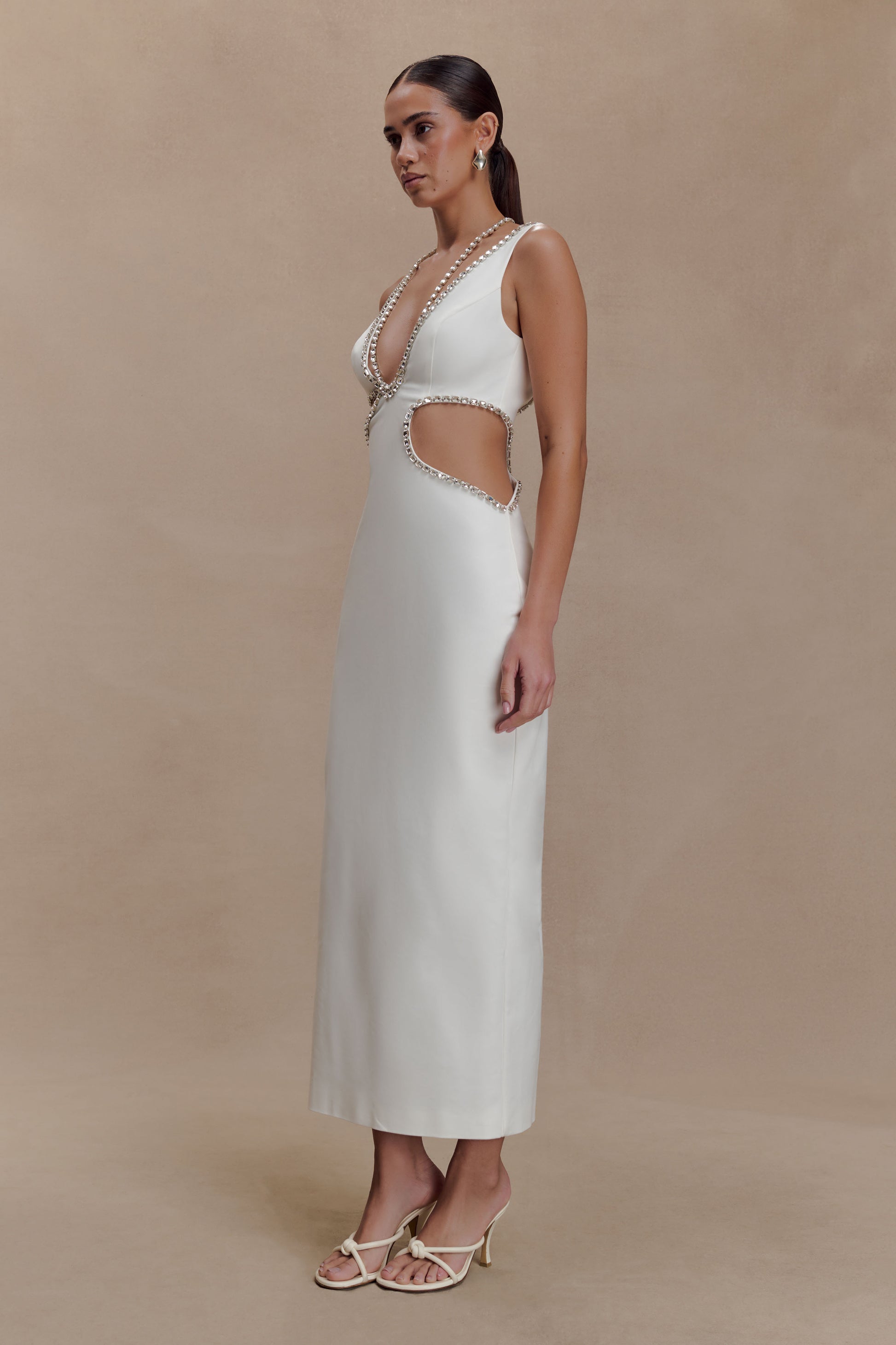 Henny Diamante Trim Cut Out Midi Dress - White #6