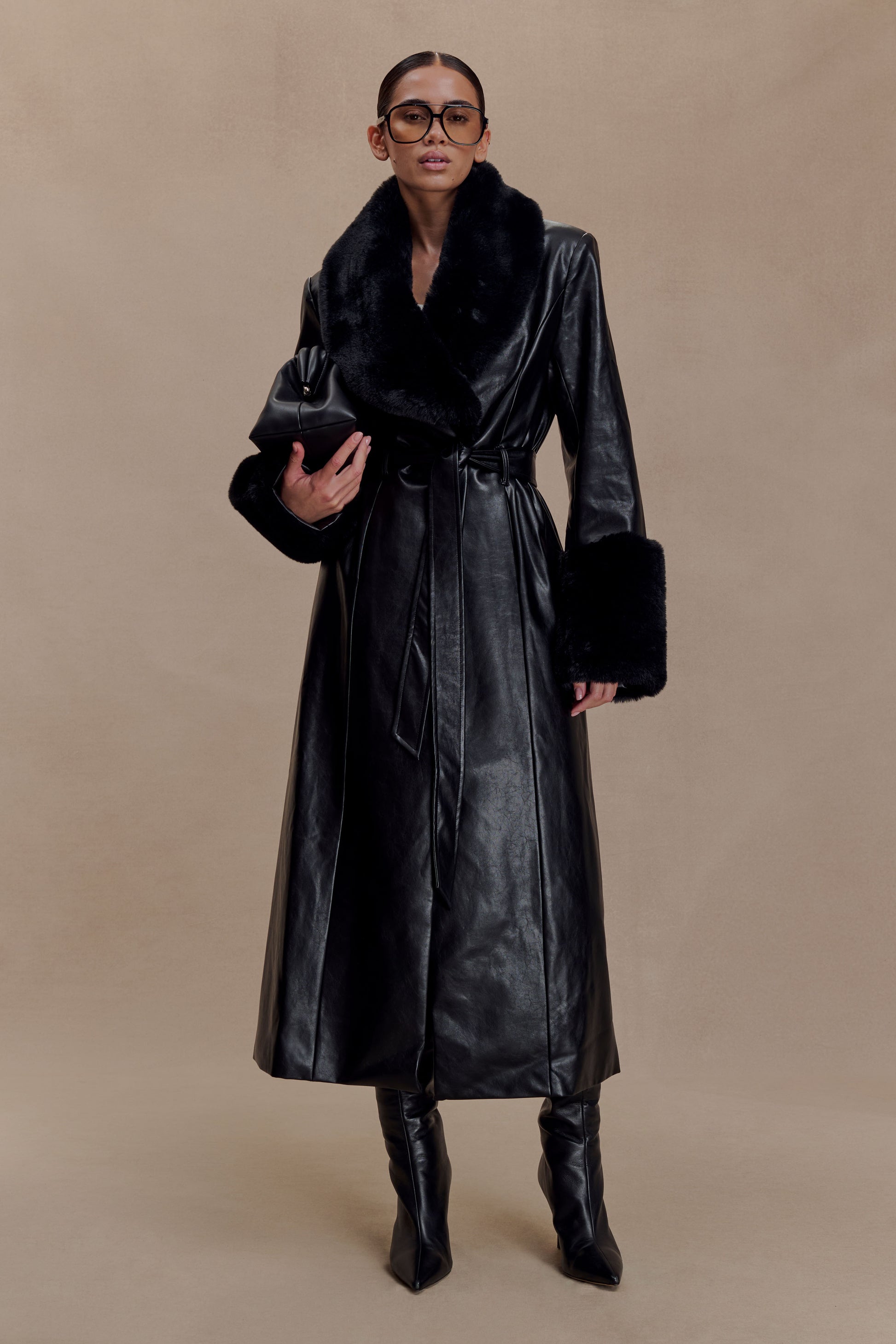 Bec Faux Leather Trench Coat With Faux Fur - Black #6