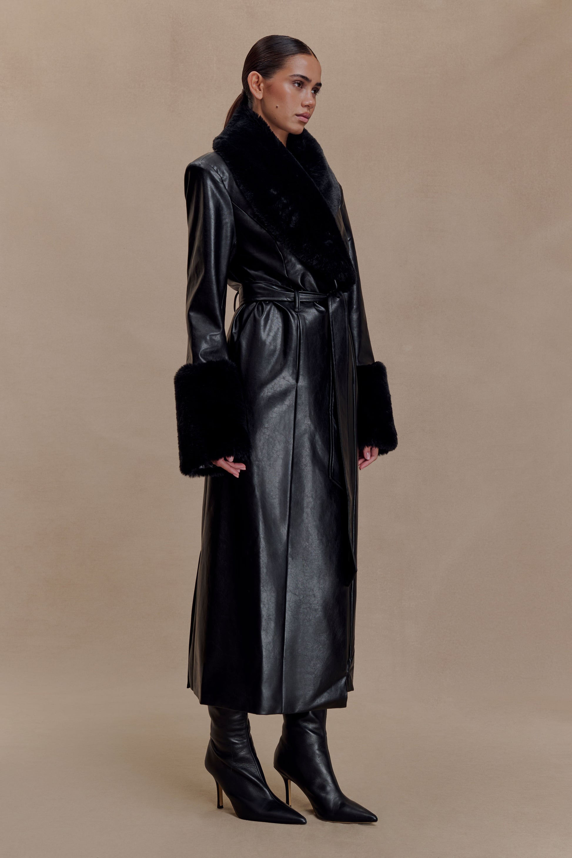 Bec Faux Leather Trench Coat With Faux Fur - Black #4