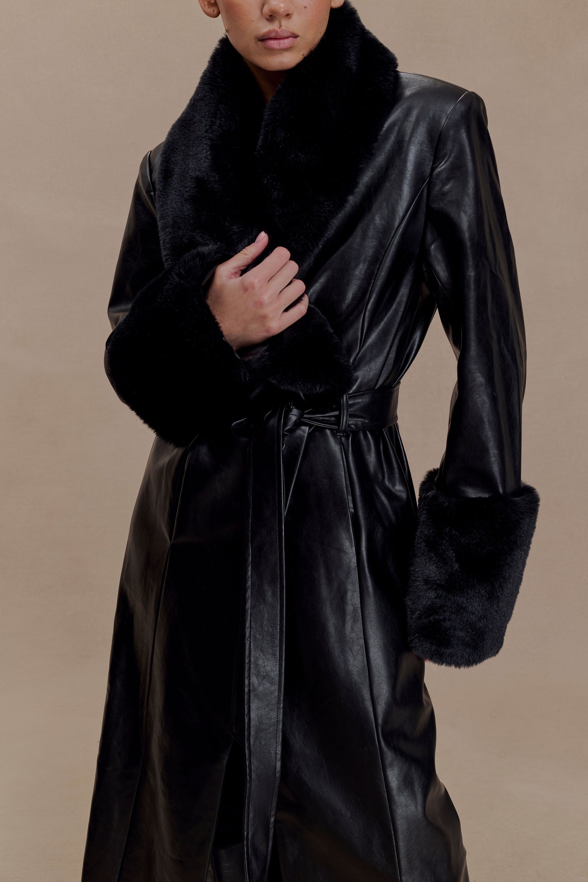Bec Faux Leather Trench Coat With Faux Fur - Black #3
