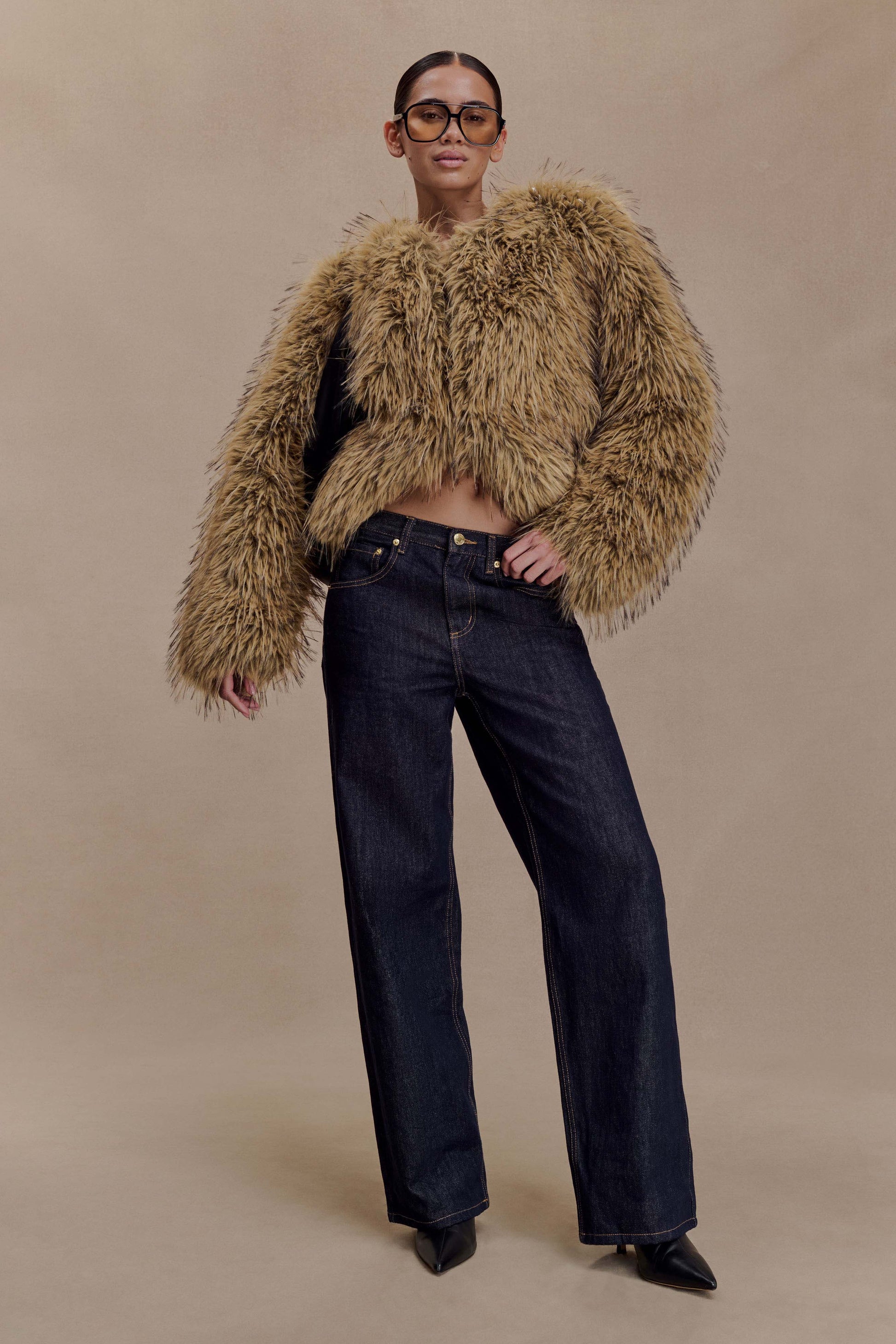 Ottie Mongolian Faux Fur Cropped Jacket - Brown Multi #2