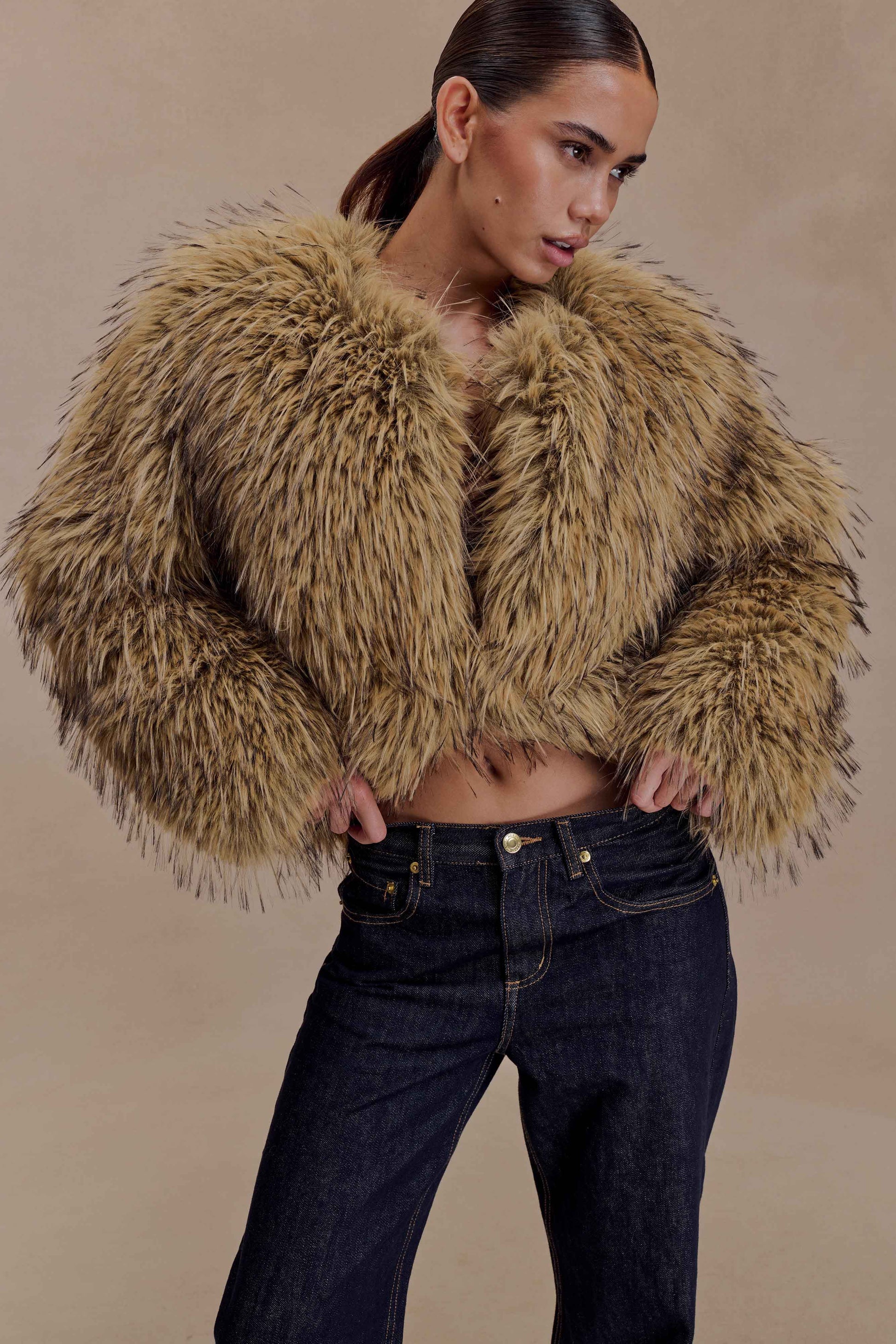 Ottie Mongolian Faux Fur Cropped Jacket - Brown Multi #3