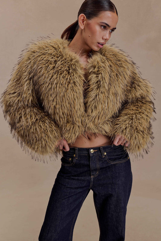 Ottie Mongolian Faux Fur Cropped Jacket - Brown Multi