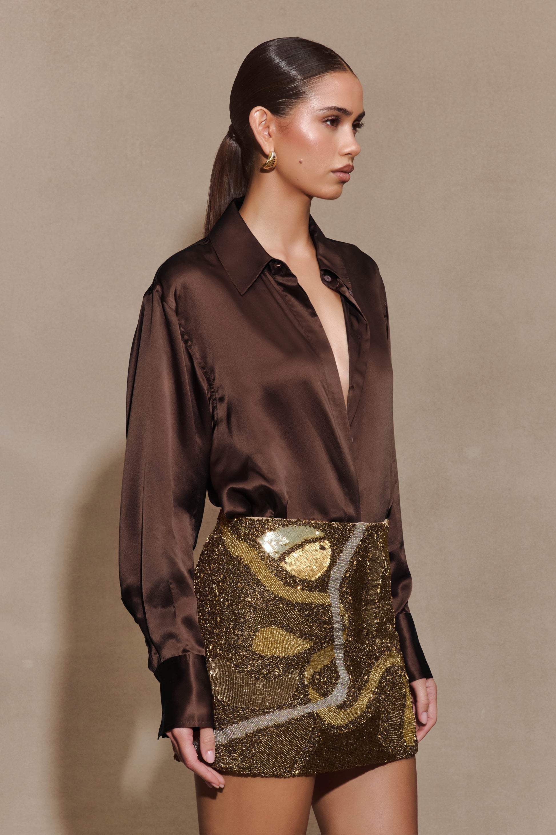 Asher Hand Beaded Abstract Mini Skirt - Gold #3