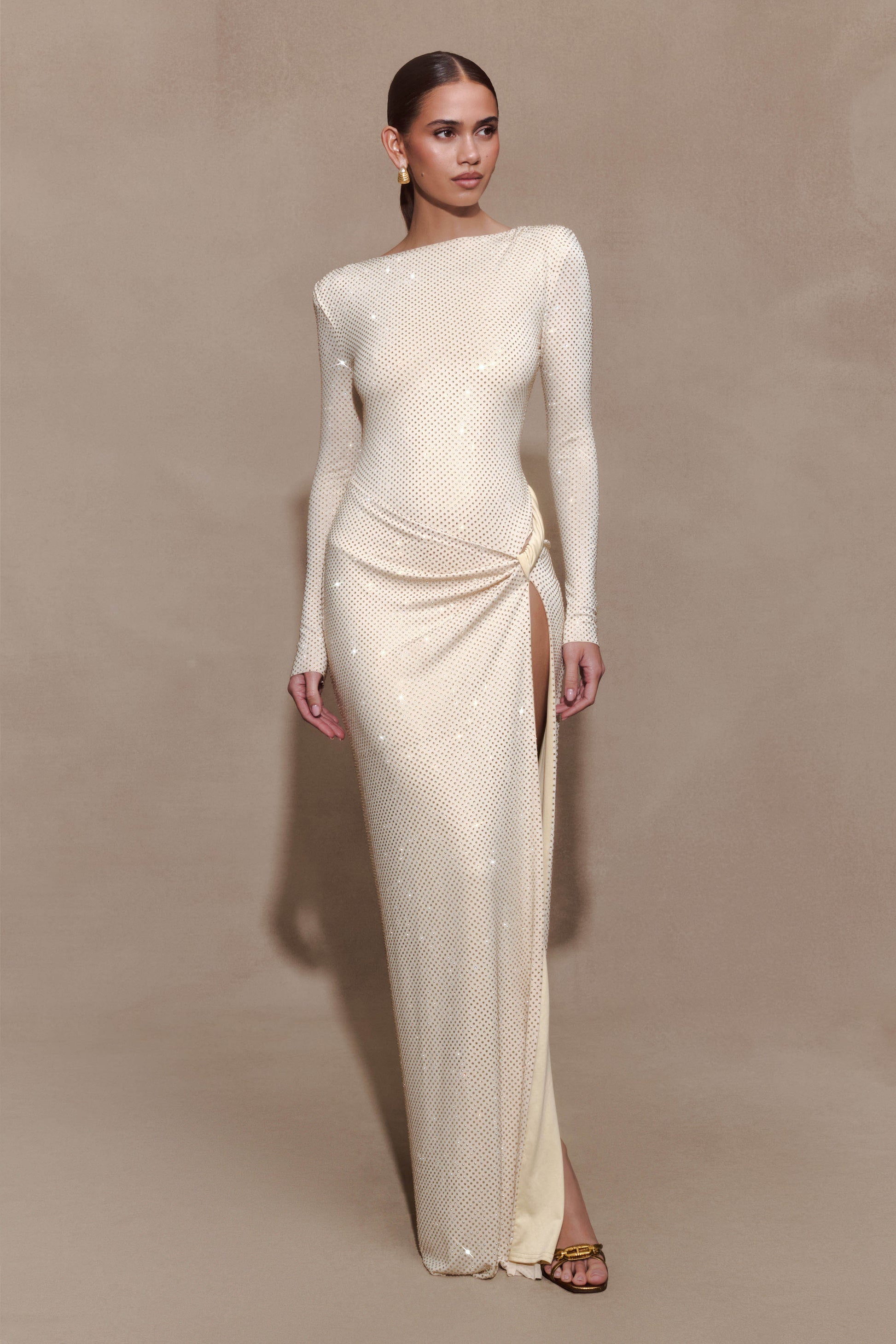 Deanna Long Sleeve Diamante Maxi Dress - Gold #5