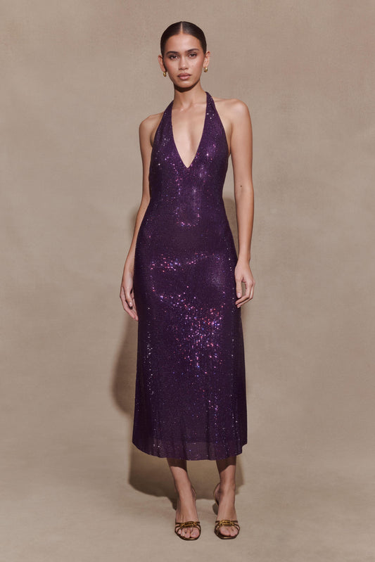 Genie Diamante Halter Midi Dress - Purple