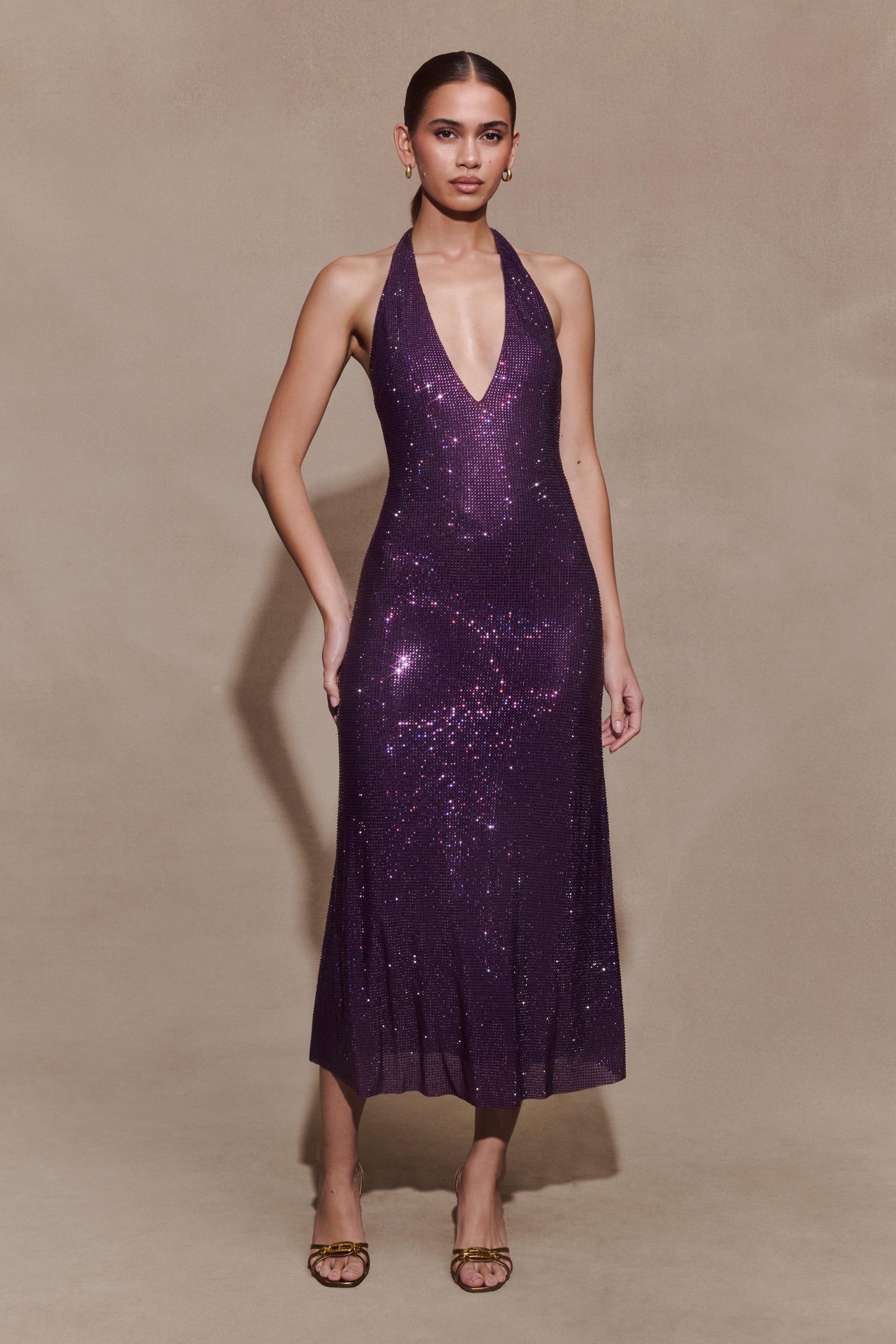 Genie Diamante Halter Midi Dress - Purple