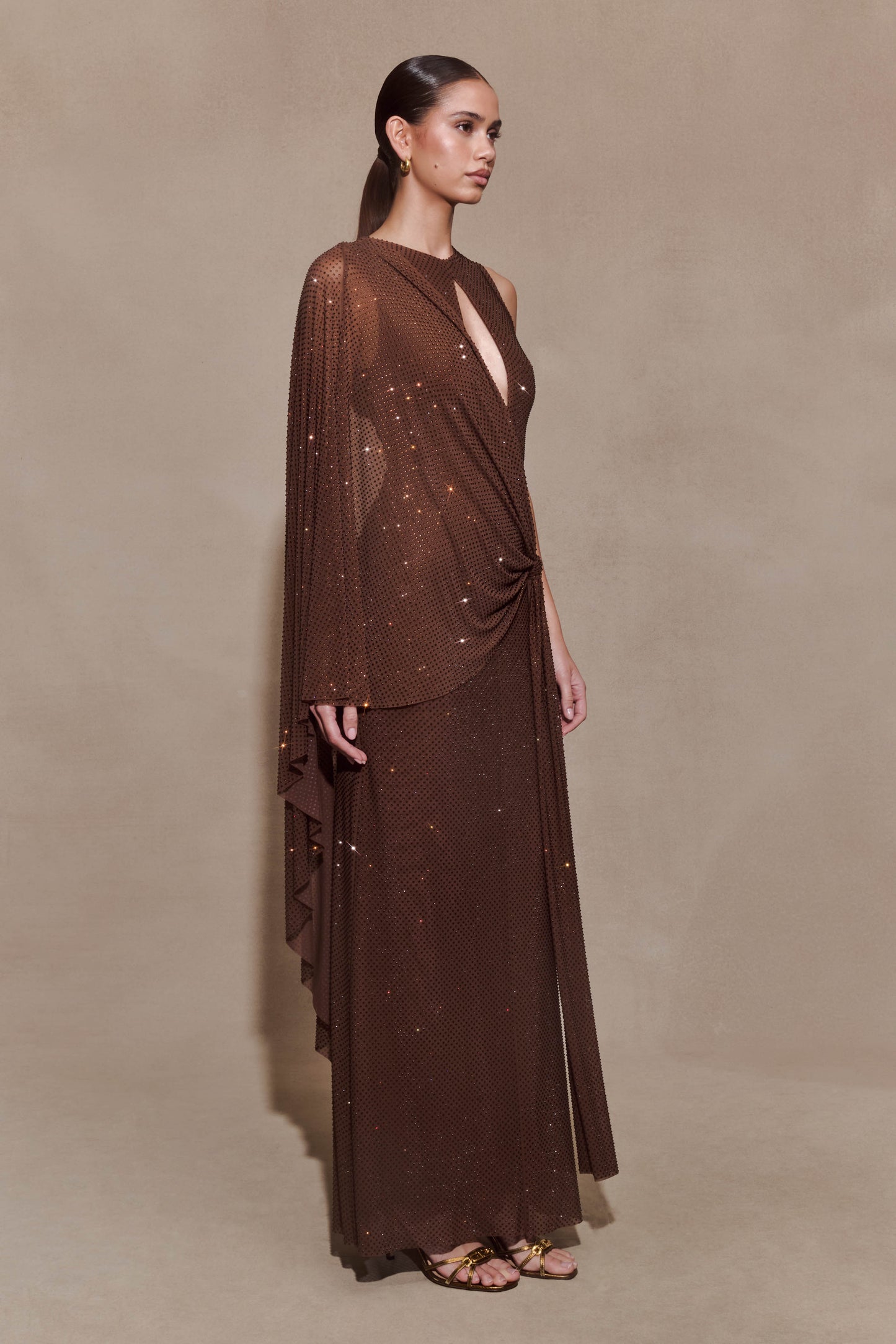 Bakari Diamante Cape Maxi Dress - Chocolate