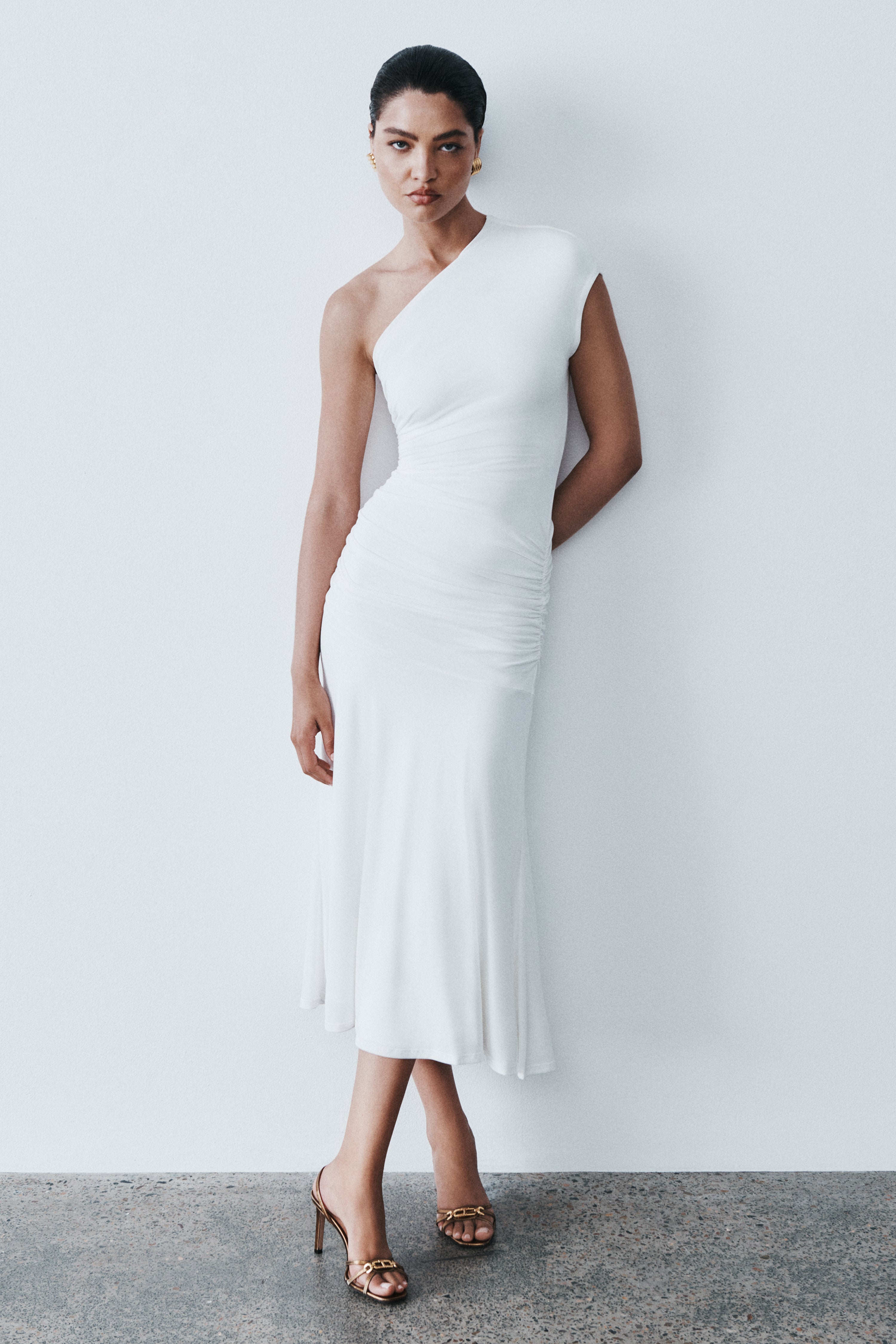 Chloe Peached Jersey One Shoulder Midi Dress - Ivory | MESHKI