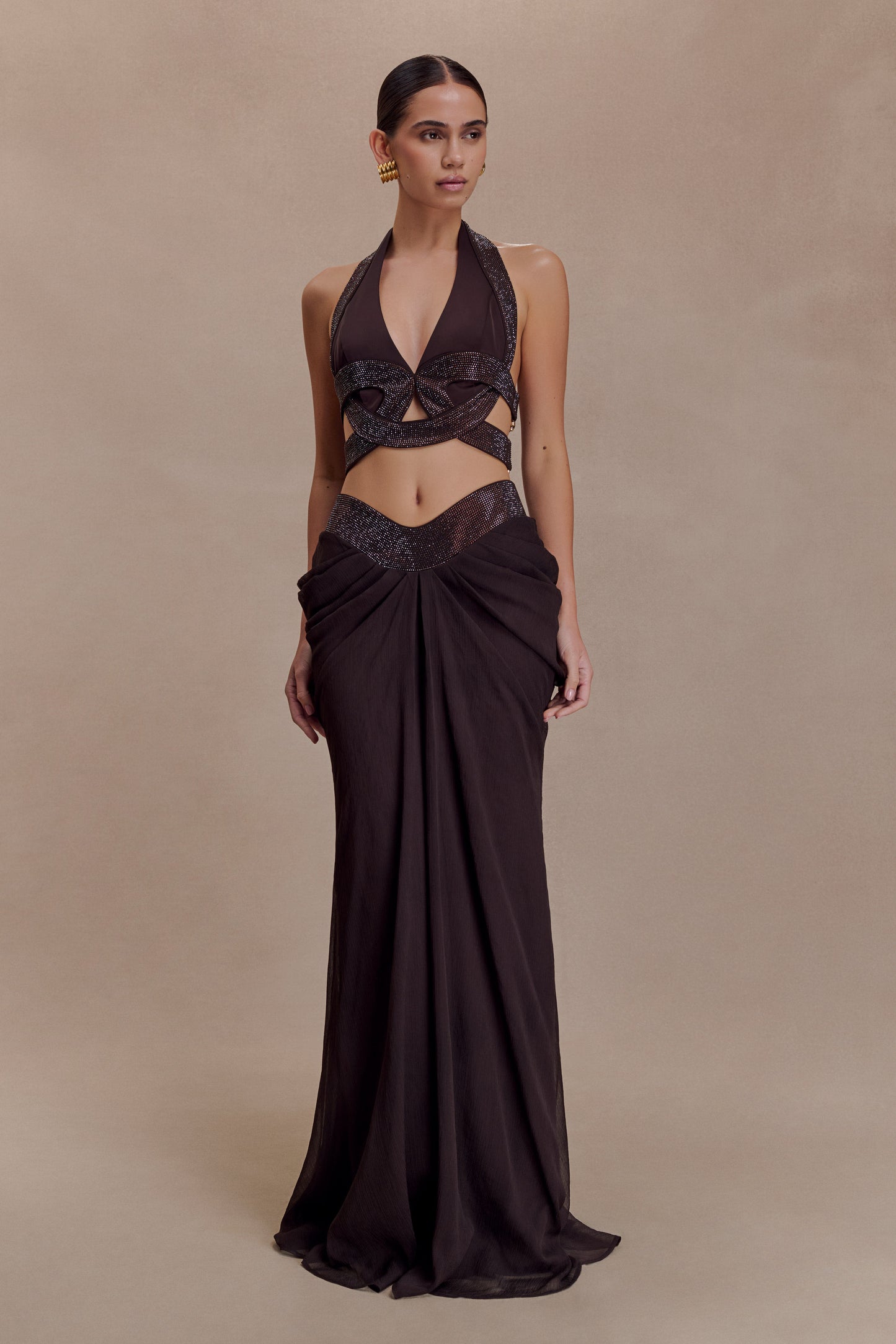 Siren Satin And Diamante Halter Top - Dark Chocolate