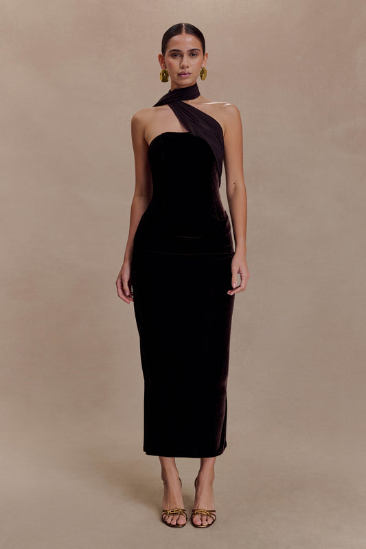 Mattea Velvet Midi Dress With Scarf - Chocolate