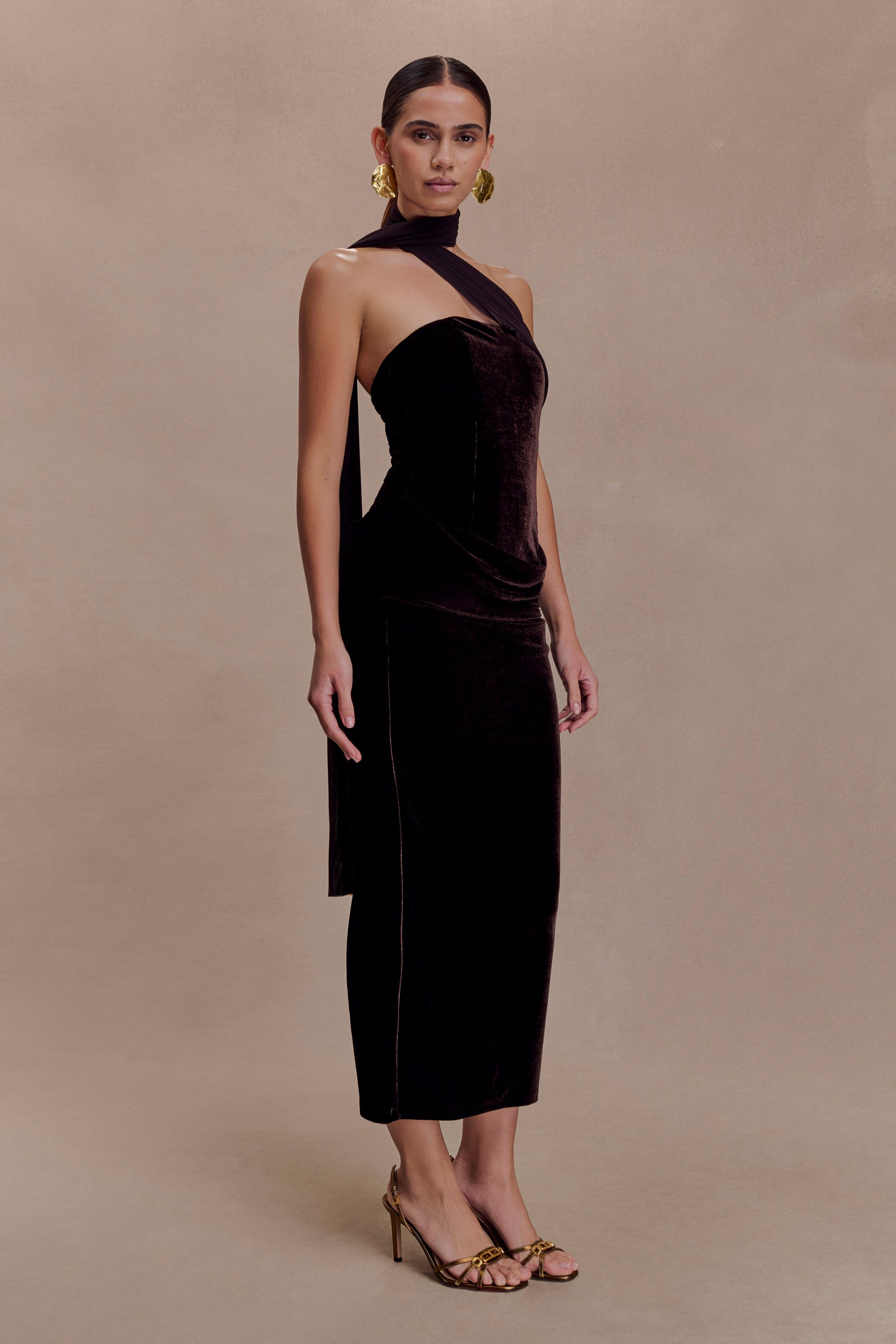Mattea Velvet Midi Dress With Scarf - Chocolate #3