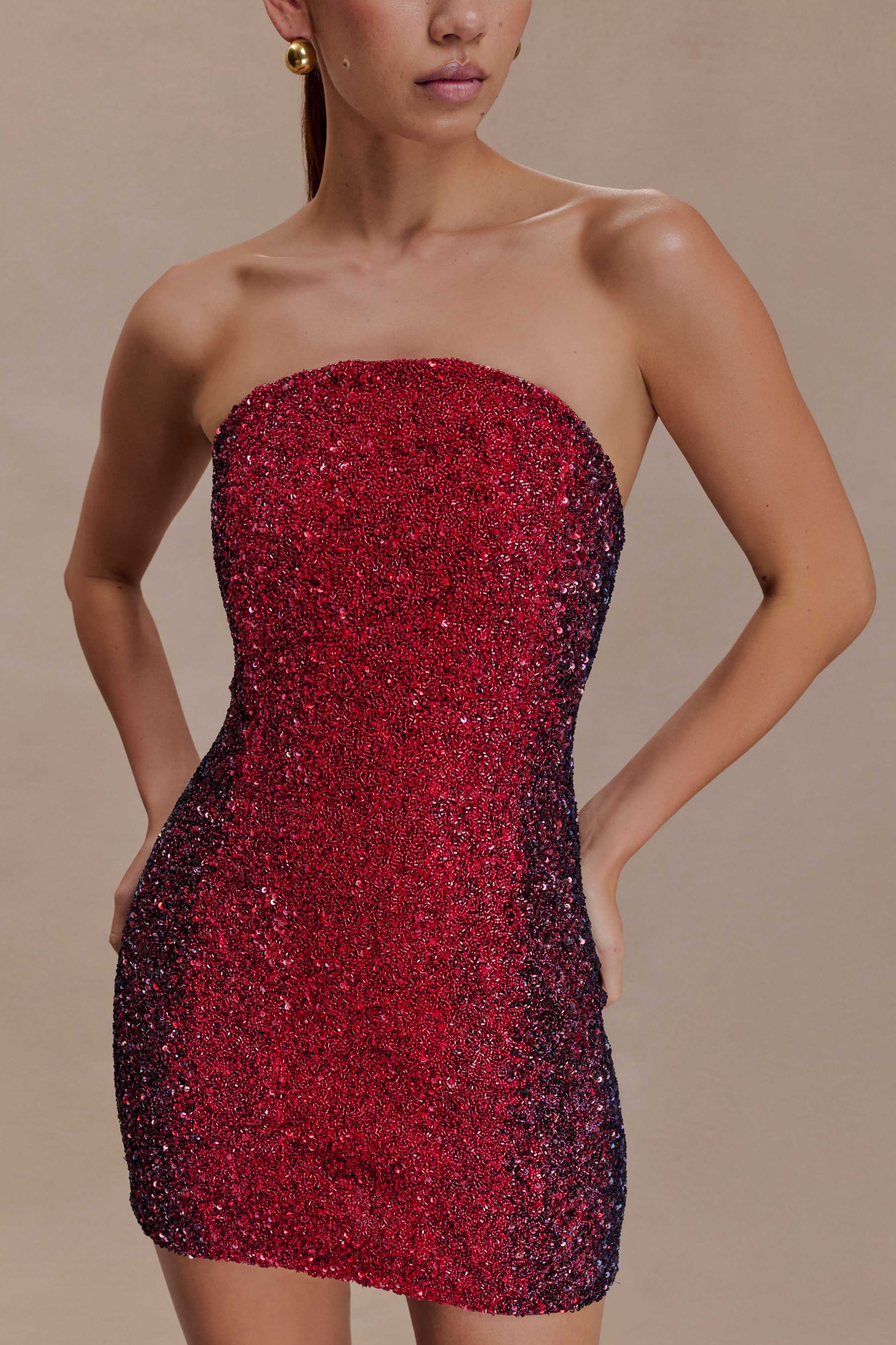 Zander Hand Beaded Strapless Mini Dress - Red Ombre #3
