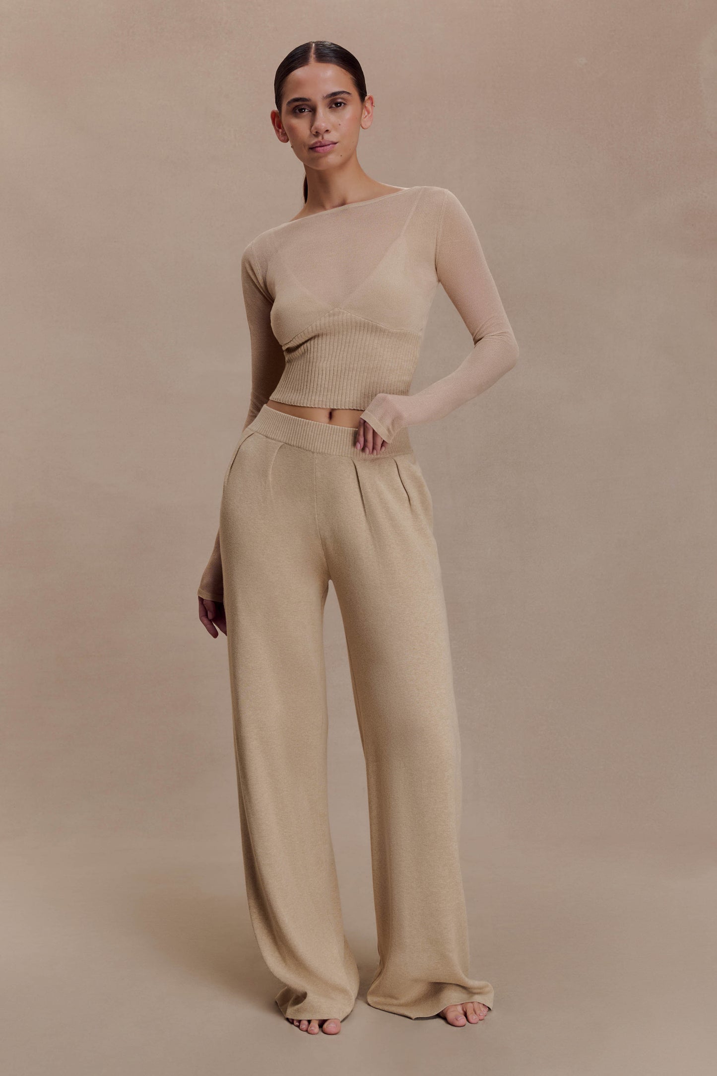 Frannie Gathered Silk Blend Knit Pants - Sand