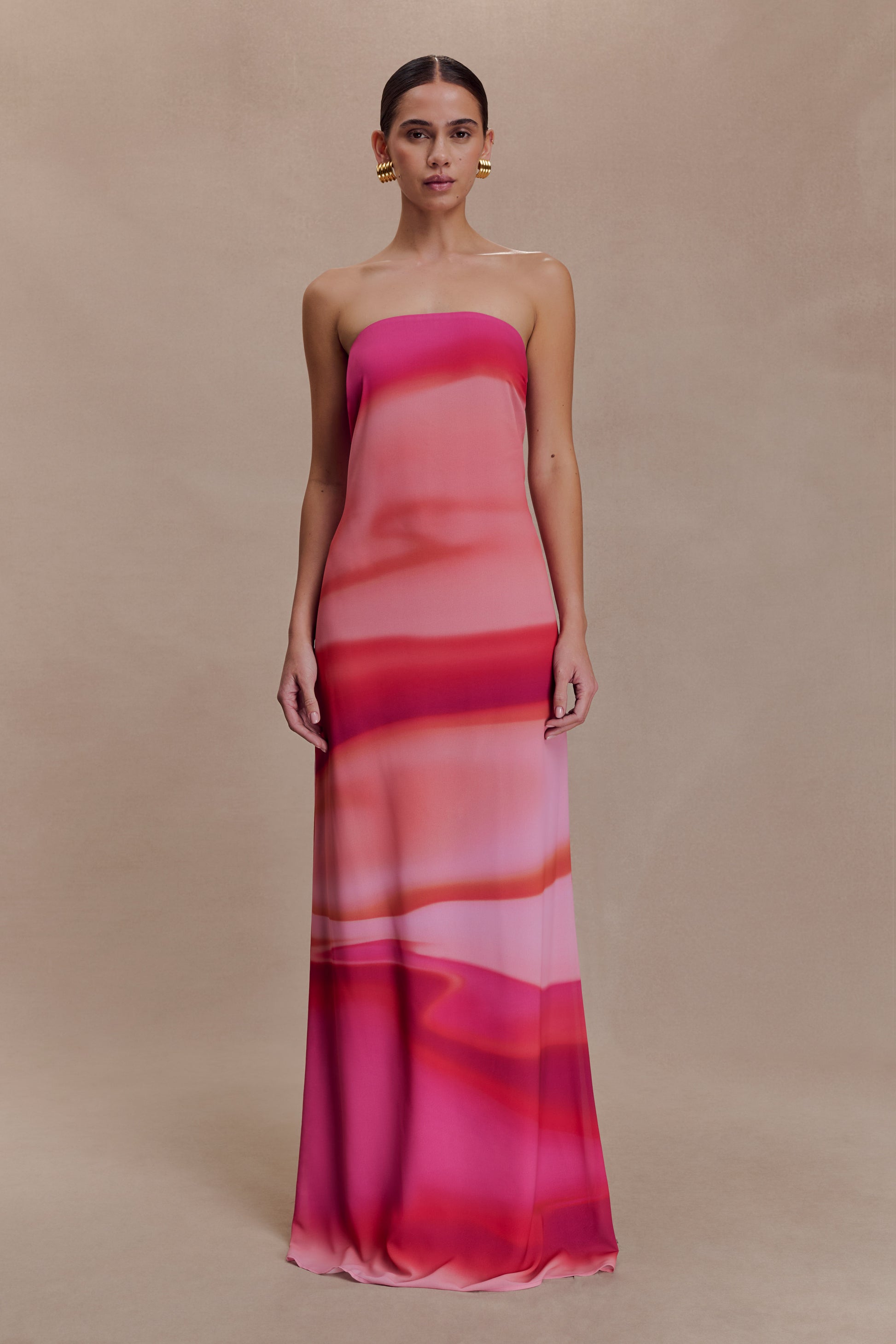 Amaya Strapless Chiffon Maxi Dress - Pink Sunset Print | MESHKI Amaya Strapless Chiffon Maxi Dress - Pink Sunset Print | MESHKI