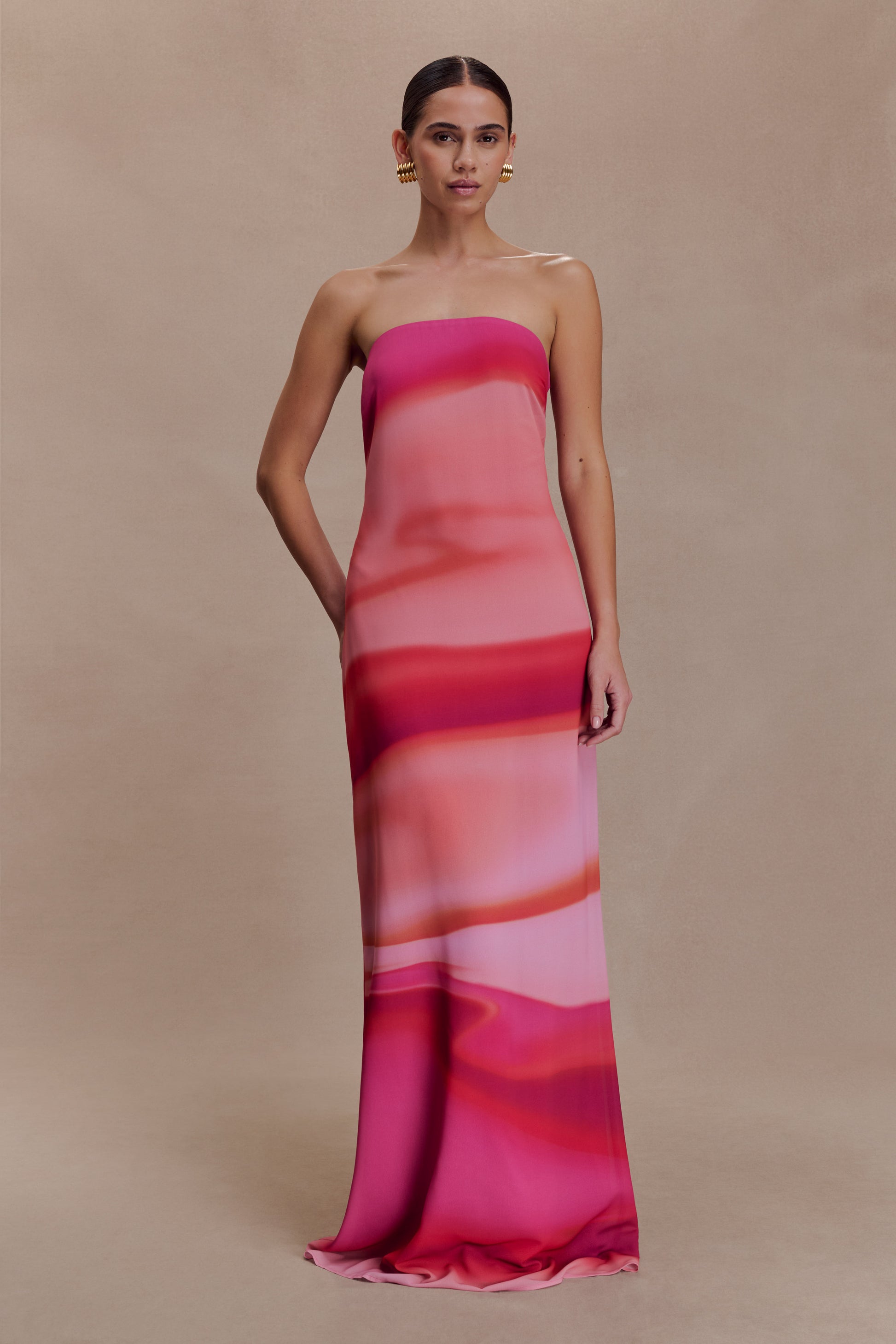 Amaya Strapless Chiffon Maxi Dress - Pink Sunset Print #5