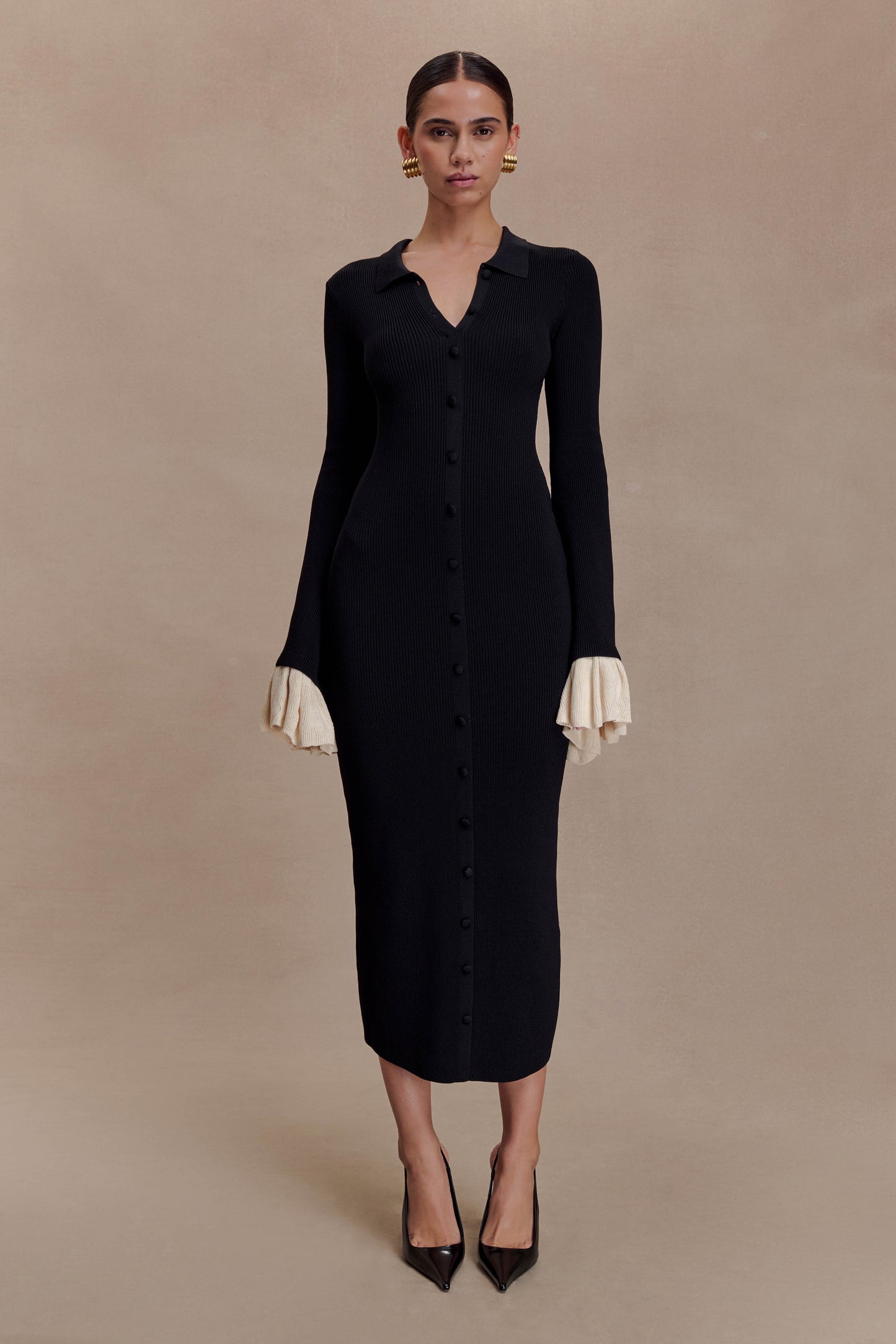 Amirose Ruffle Knit Midi Dress - Black