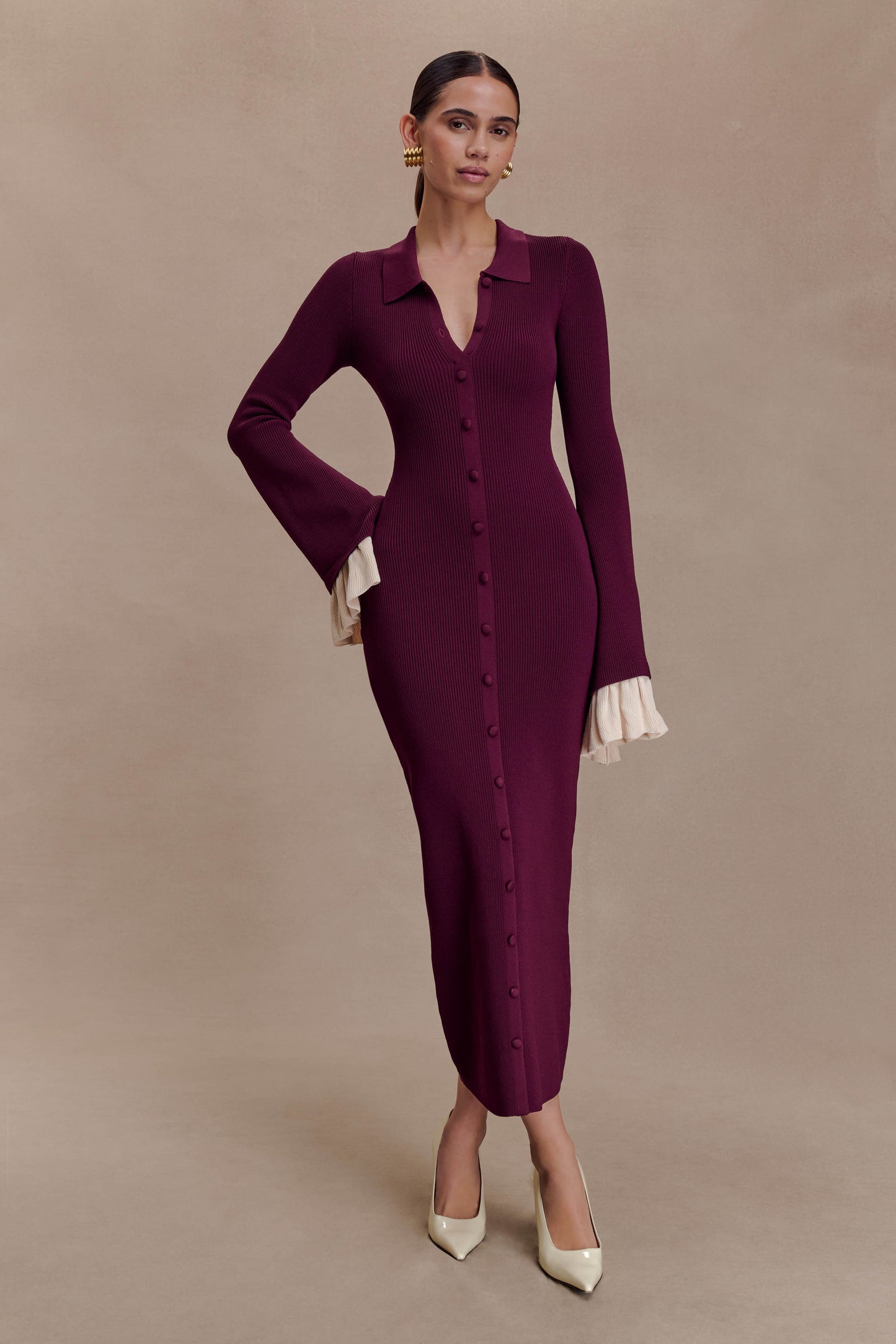 Amirose Ruffle Knit Midi Dress - Plum