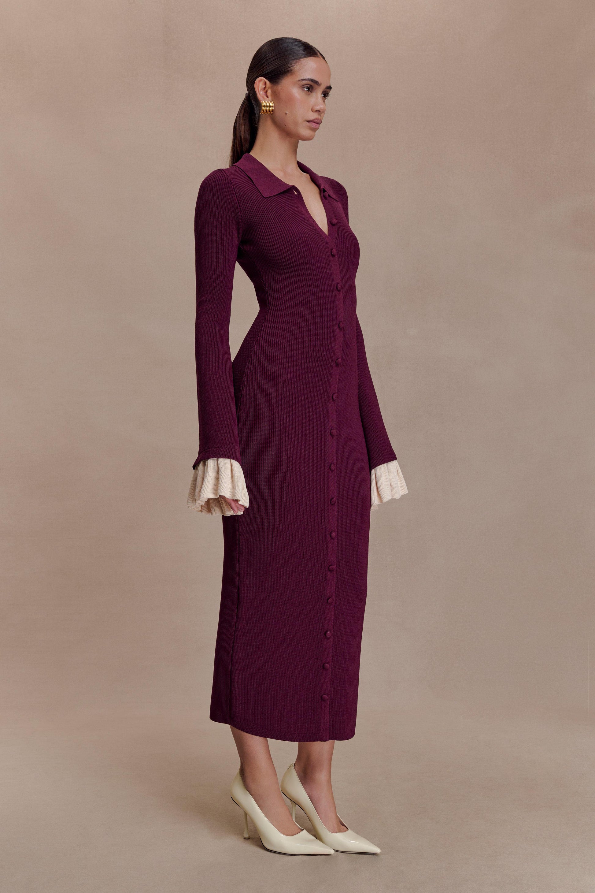 Amirose Ruffle Knit Midi Dress - Plum #3