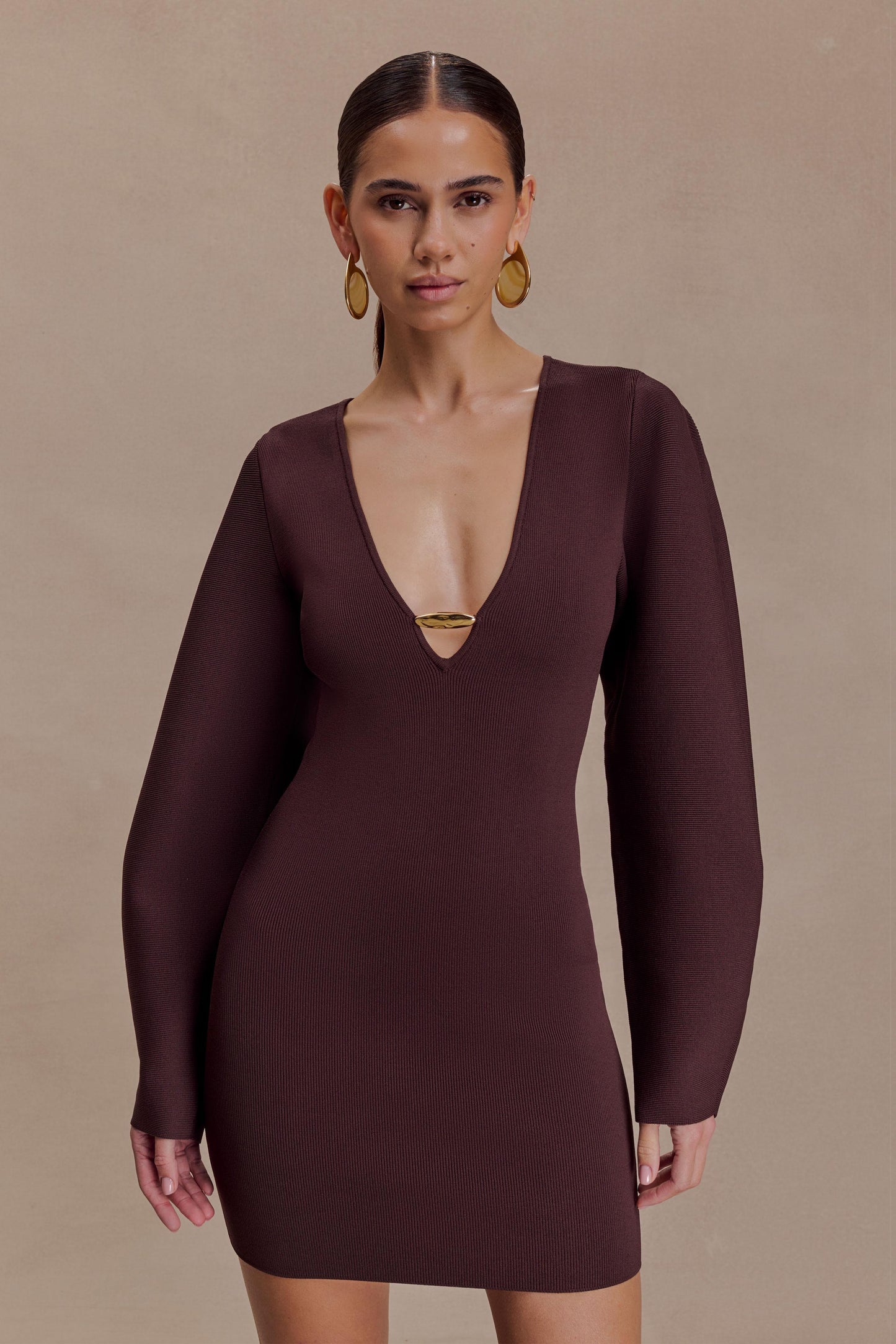 Billy Balloon Sleeve Knit Mini Dress - Dark Chocolate