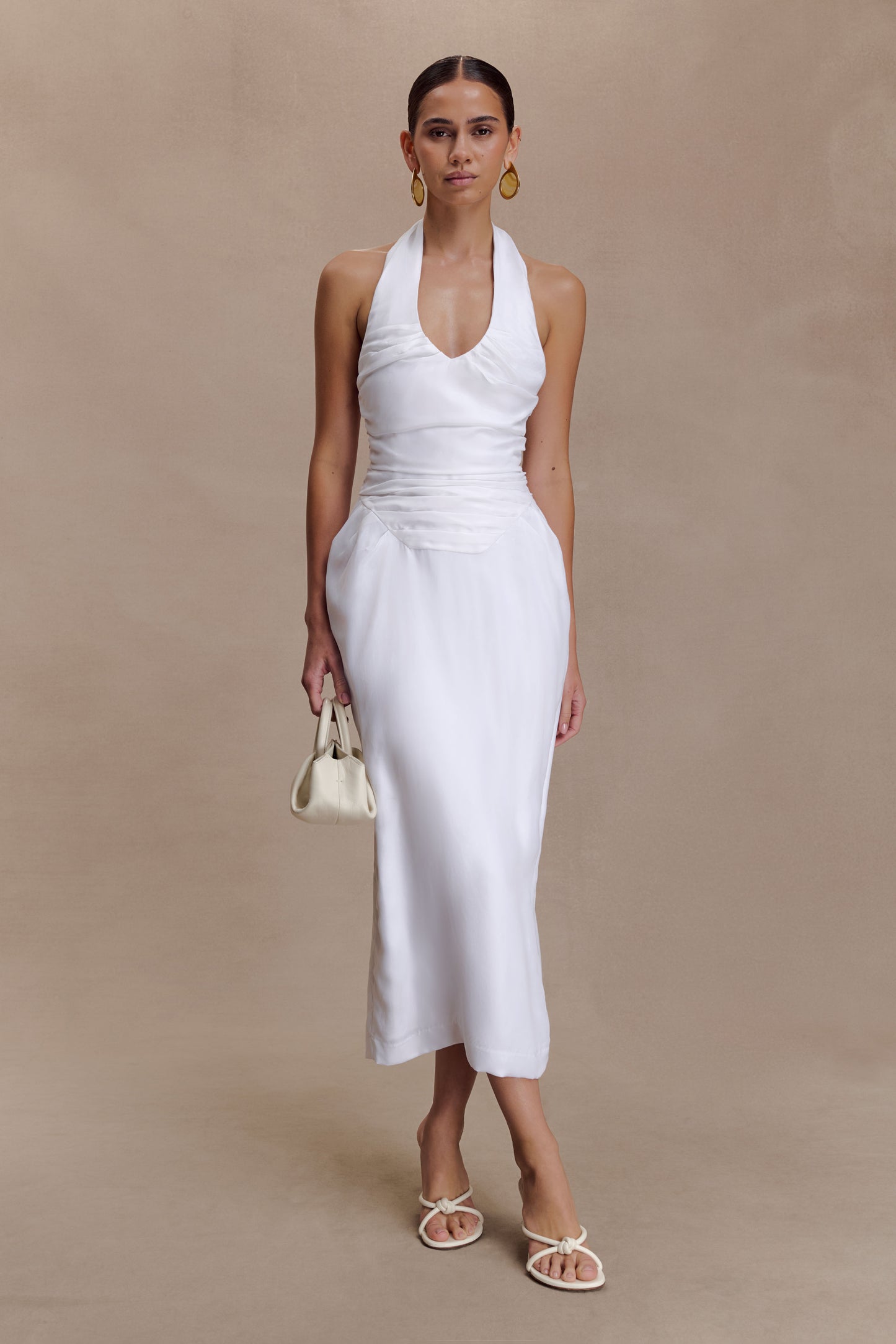 Daniela Ruched Halter Midi Dress - White