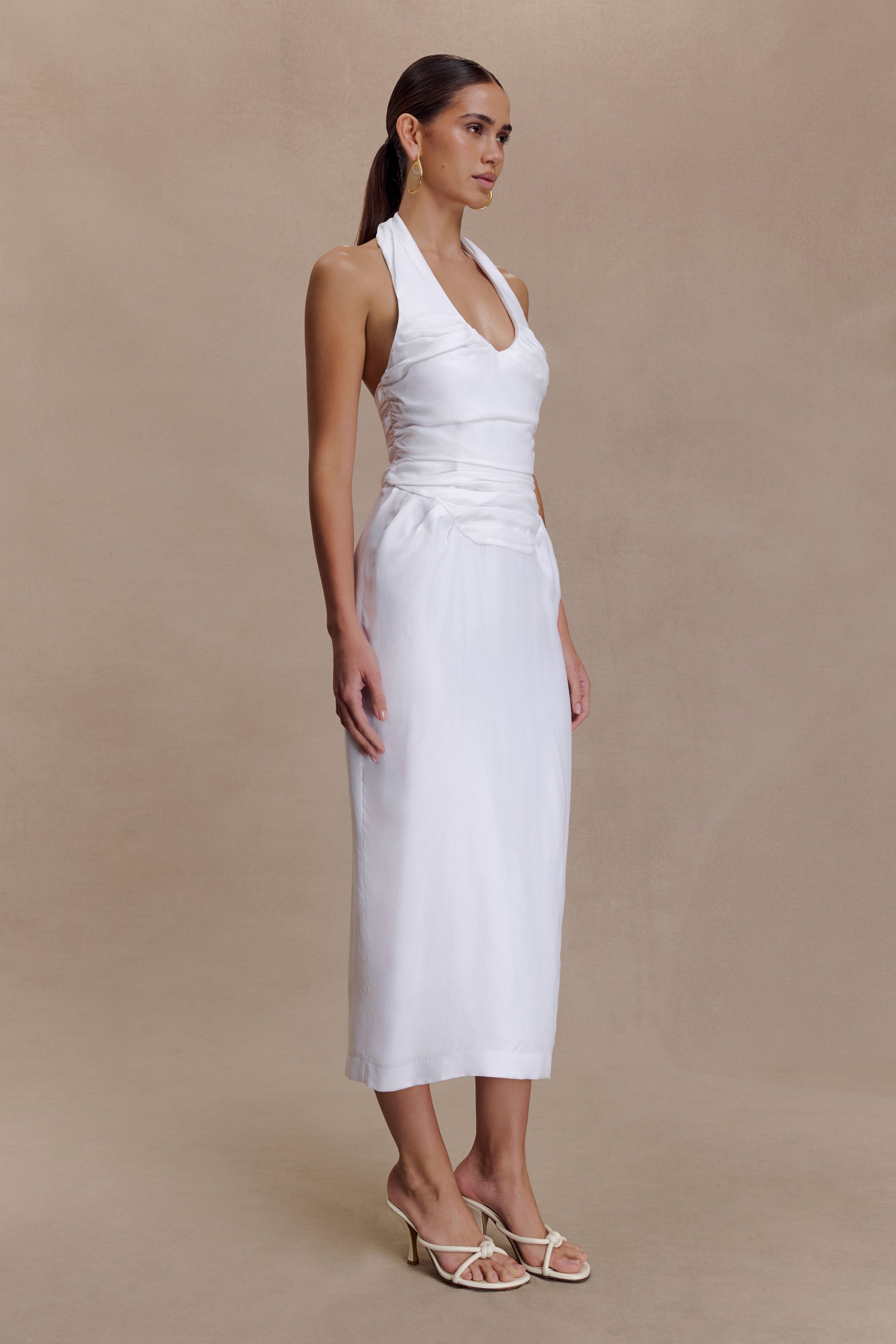 Daniela Ruched Halter Midi Dress - White #5