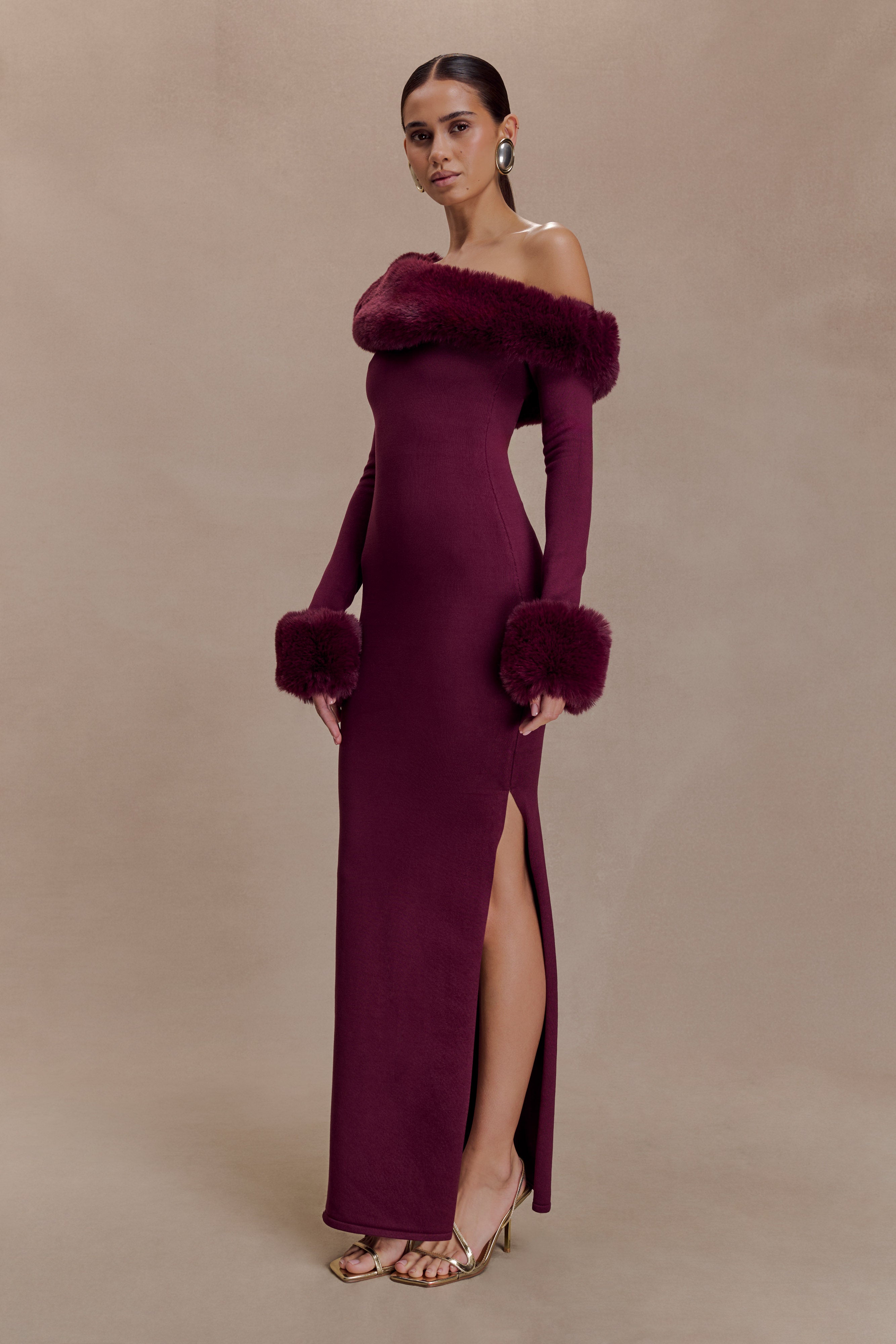 Karleigh Faux Fur Knit Maxi Dress - Plum | MESHKI