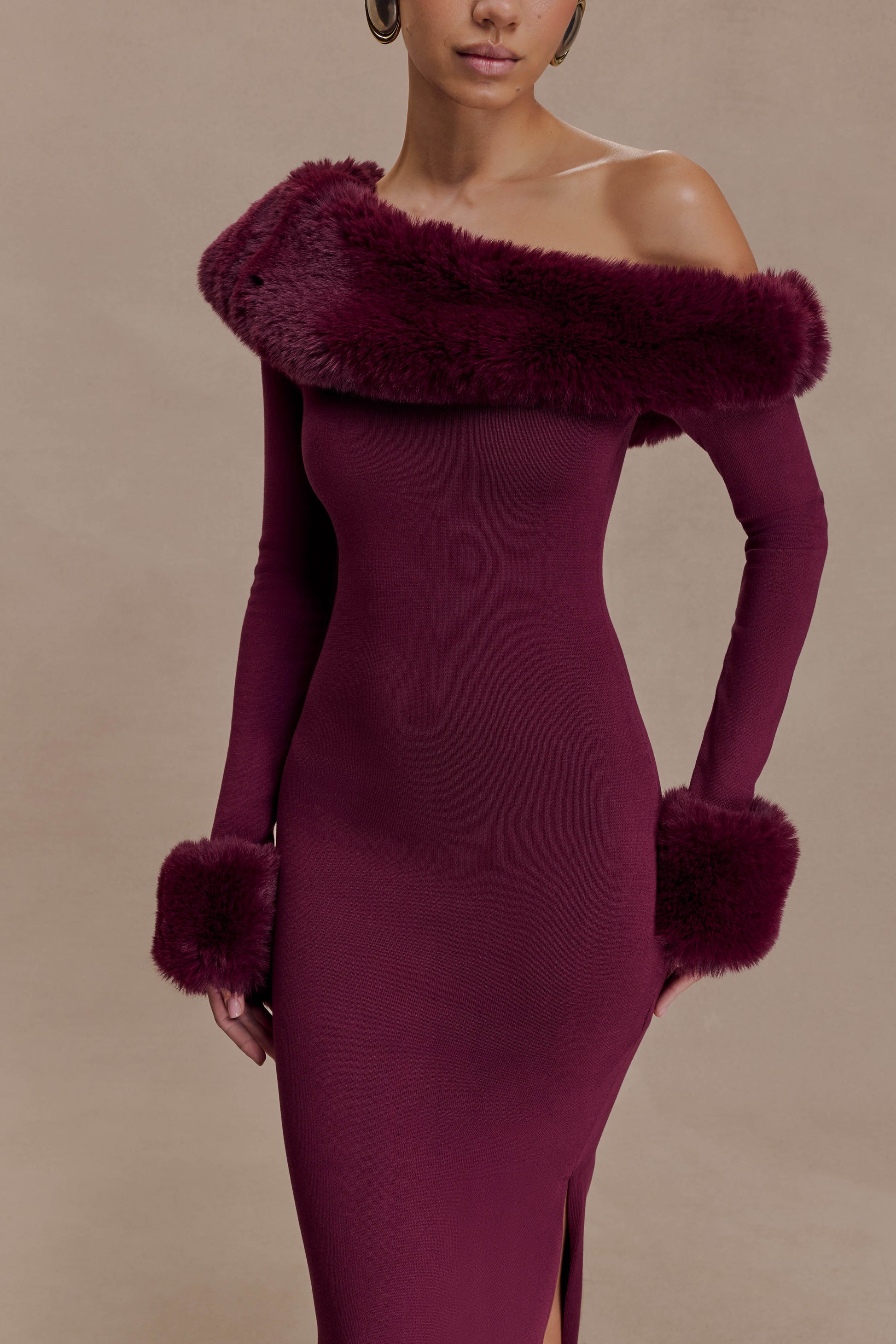 Karleigh Faux Fur Knit Maxi Dress - Plum | MESHKI Karleigh Faux Fur Knit Maxi Dress - Plum | MESHKI
