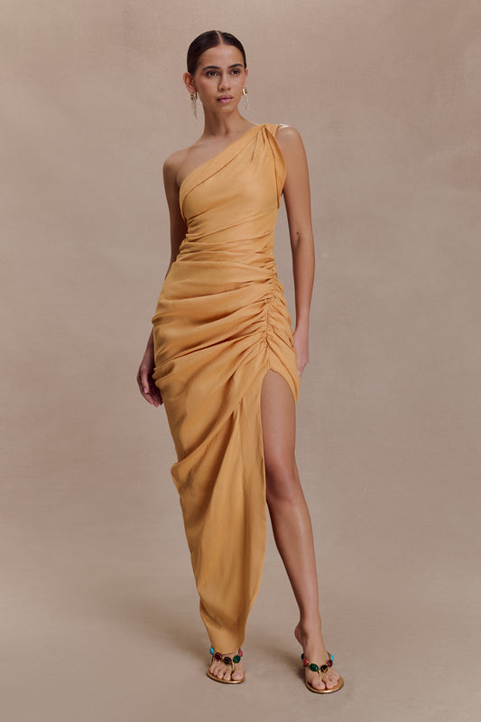 Birgit Linen Midi Dress With Hardware - Deep Peach