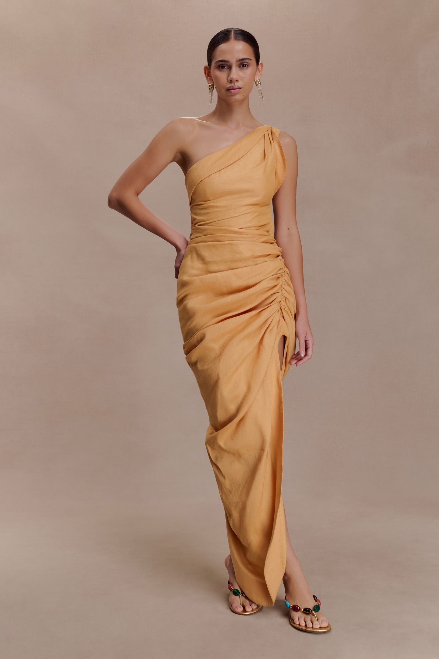 Birgit Linen Midi Dress With Hardware - Deep Peach