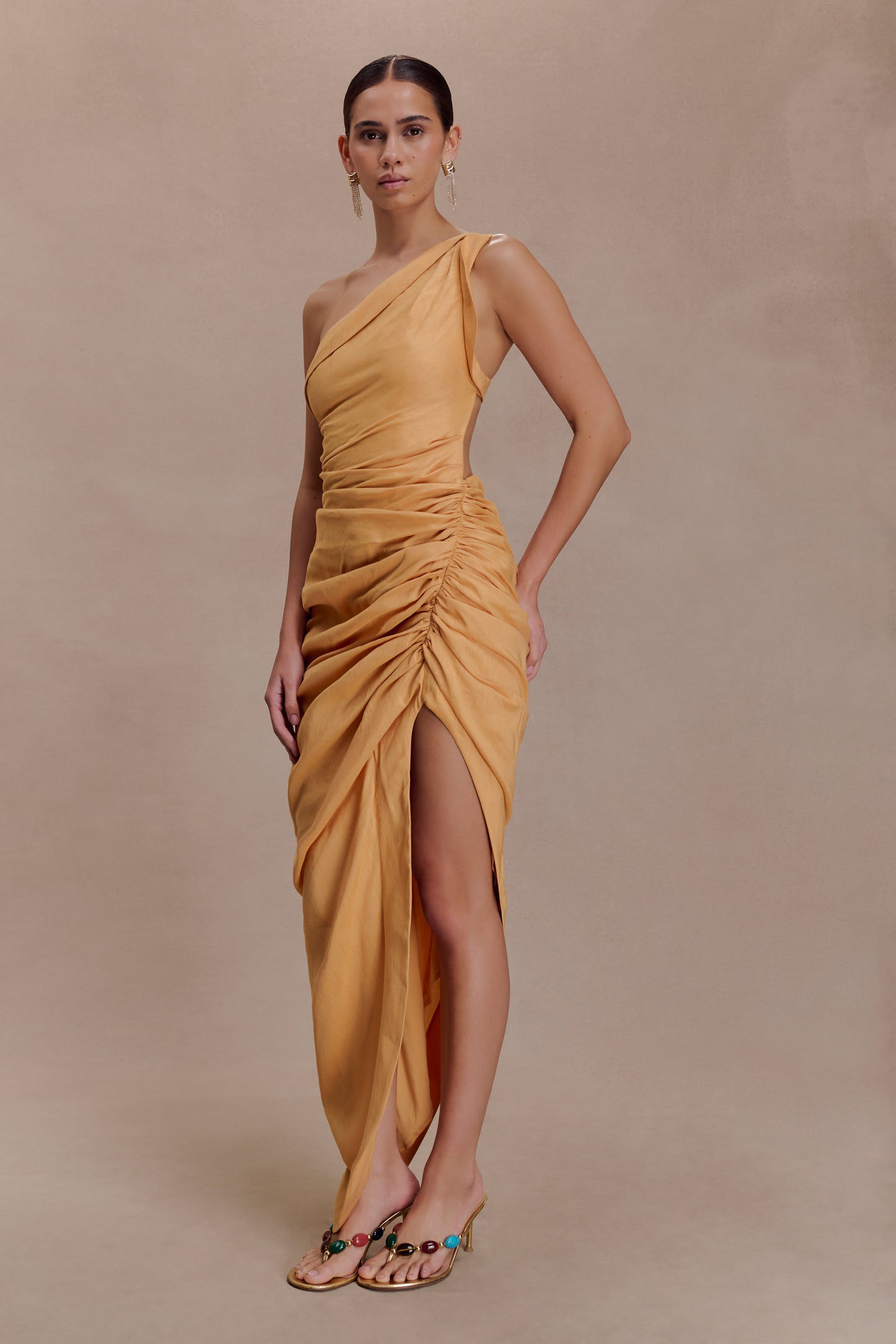 Birgit Linen Midi Dress With Hardware - Deep Peach