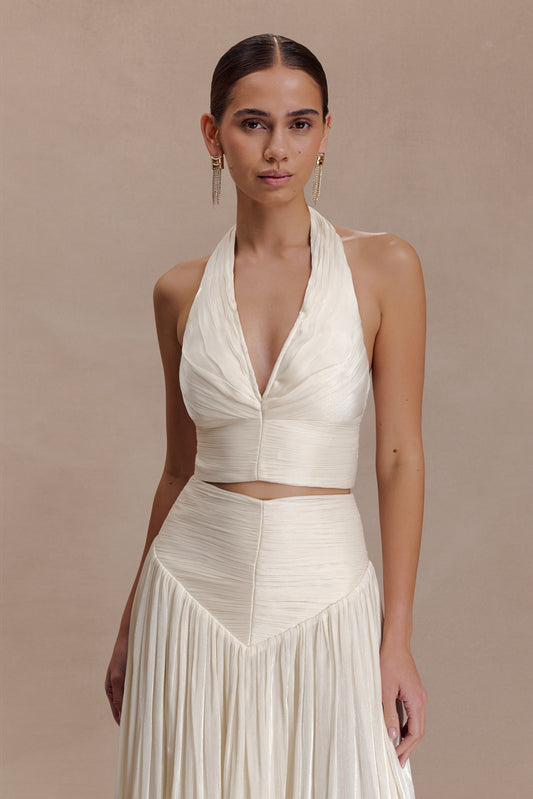 Makena Gathered V Neck Top - Opal White