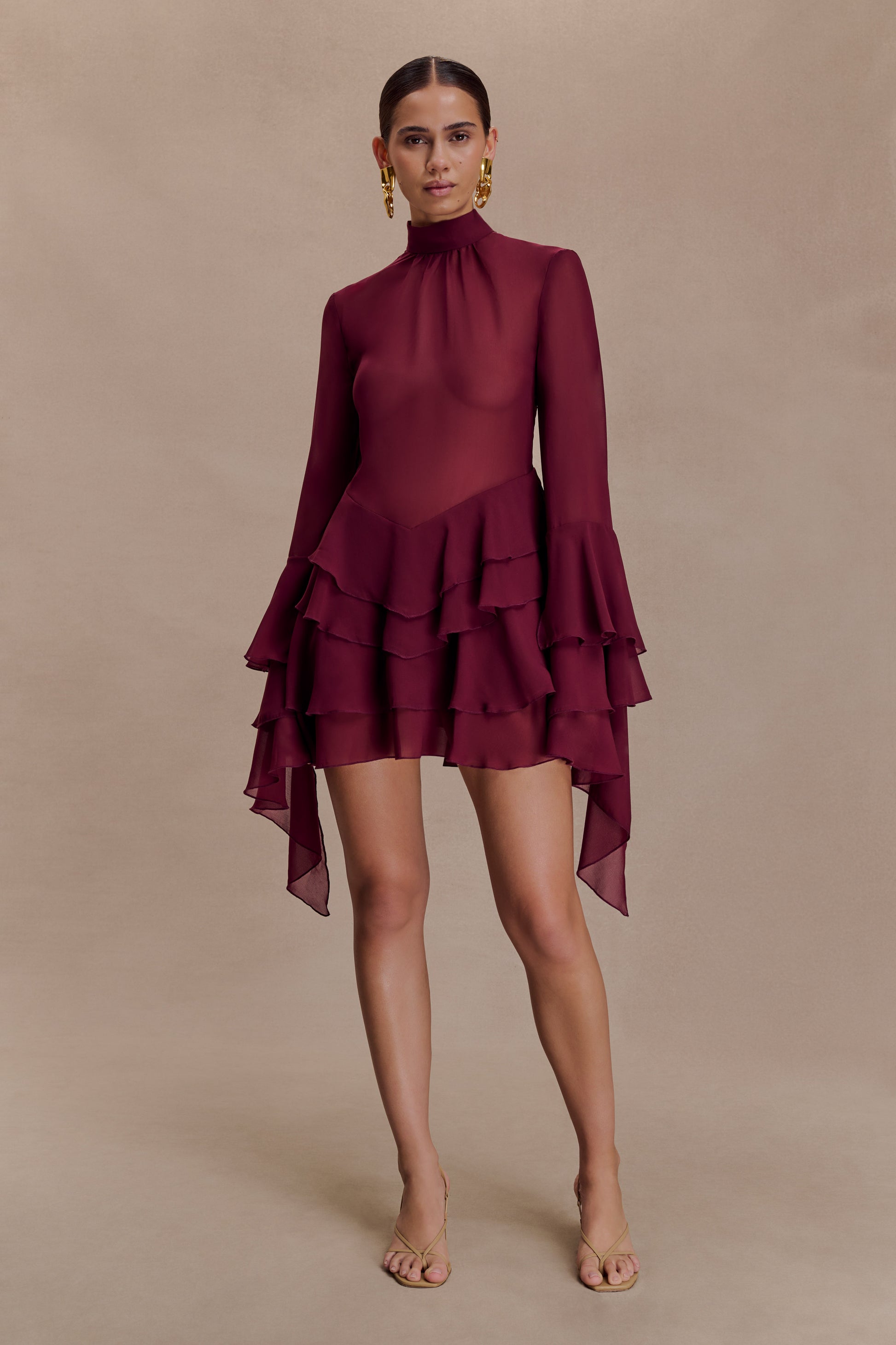 Nimah Chiffon Ruffle Mini Dress - Wine #8