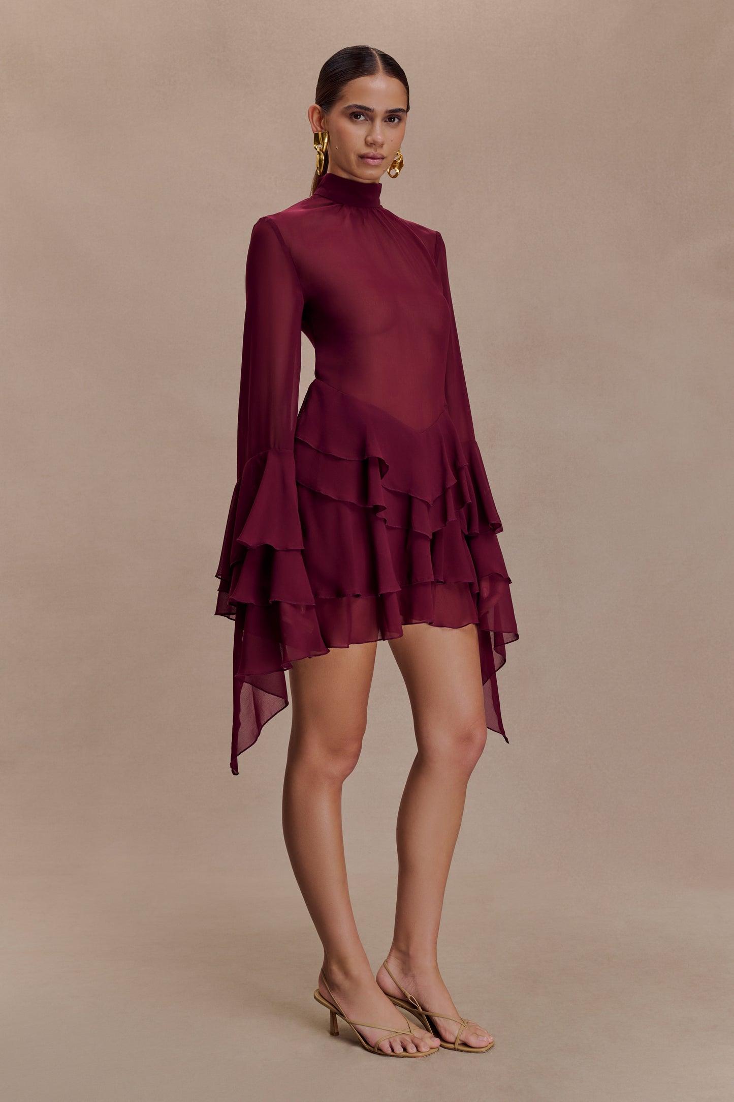 Nimah Chiffon Ruffle Mini Dress - Wine