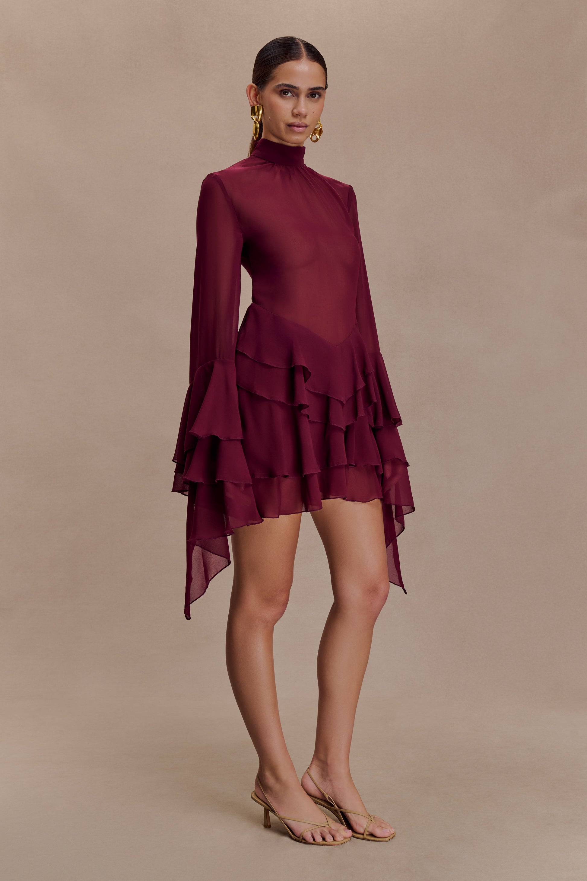 Nimah Chiffon Ruffle Mini Dress - Wine #3