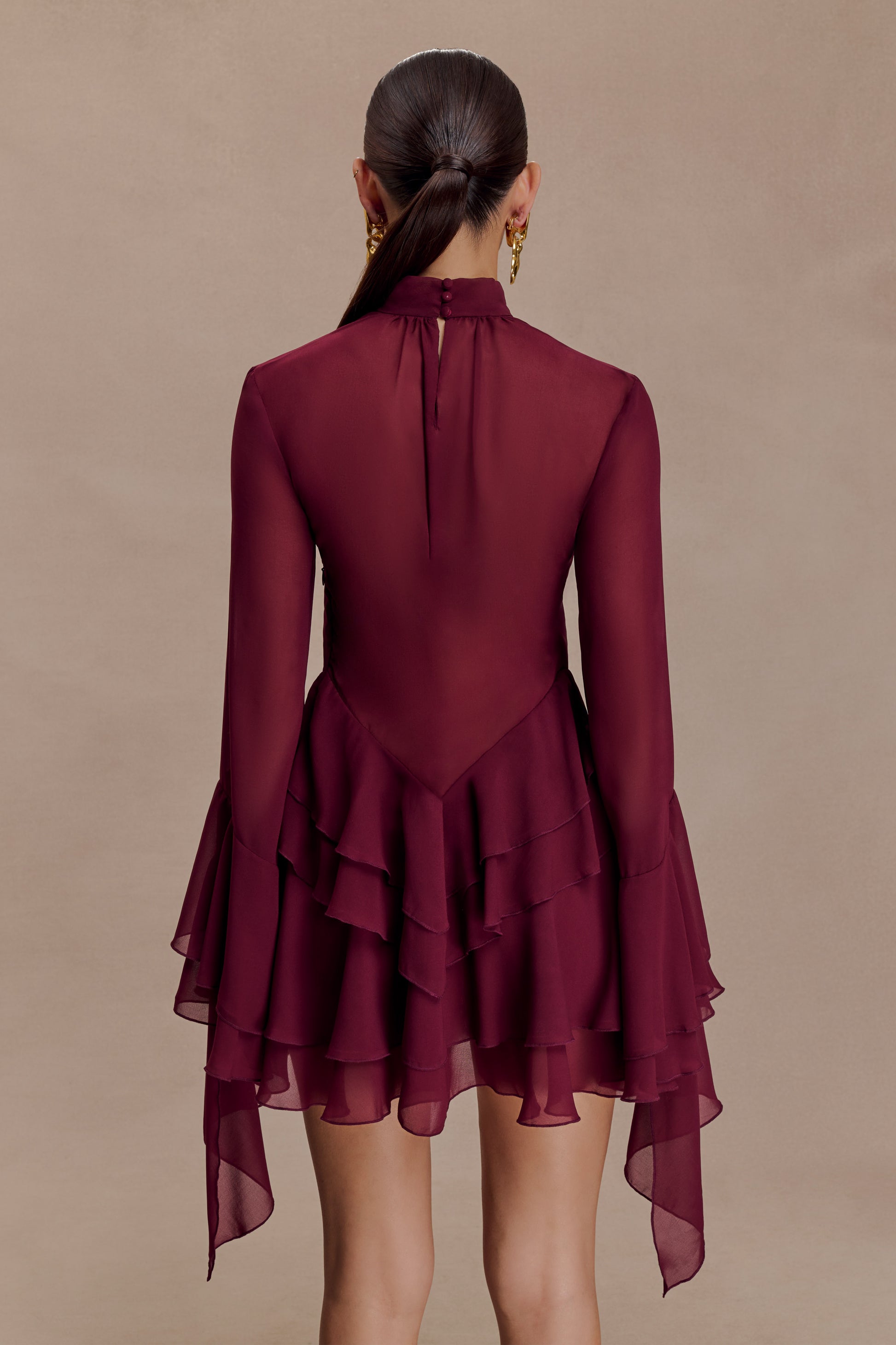 Nimah Chiffon Ruffle Mini Dress - Wine #6