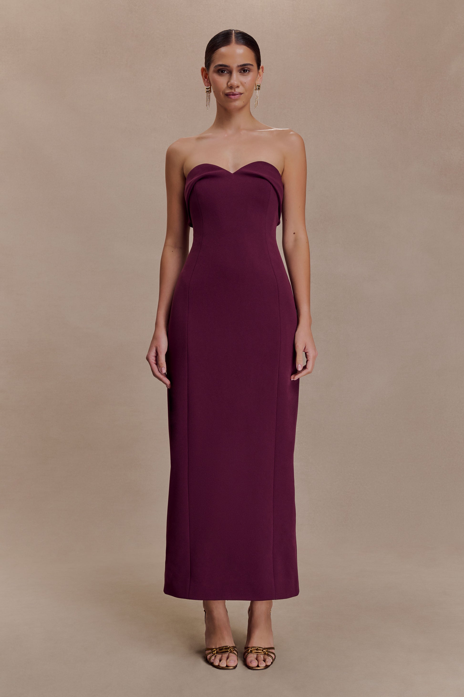 Cary Folded Strapless Crepe Midi Dress - Wine