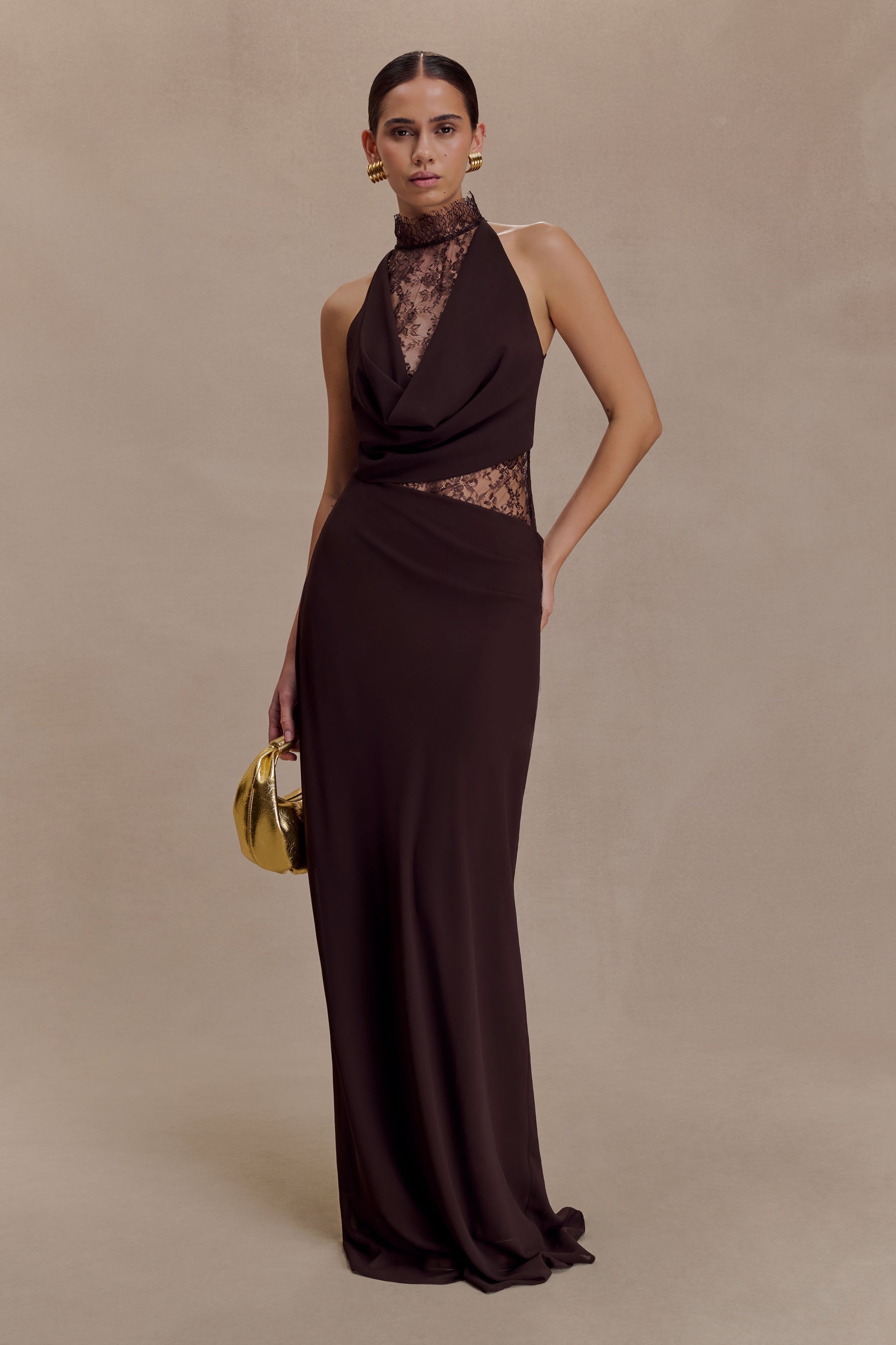 Arra Chiffon And Lace Halter Maxi Dress - Cacao Brown | MESHKI Arra Chiffon And Lace Halter Maxi Dress - Cacao Brown | MESHKI