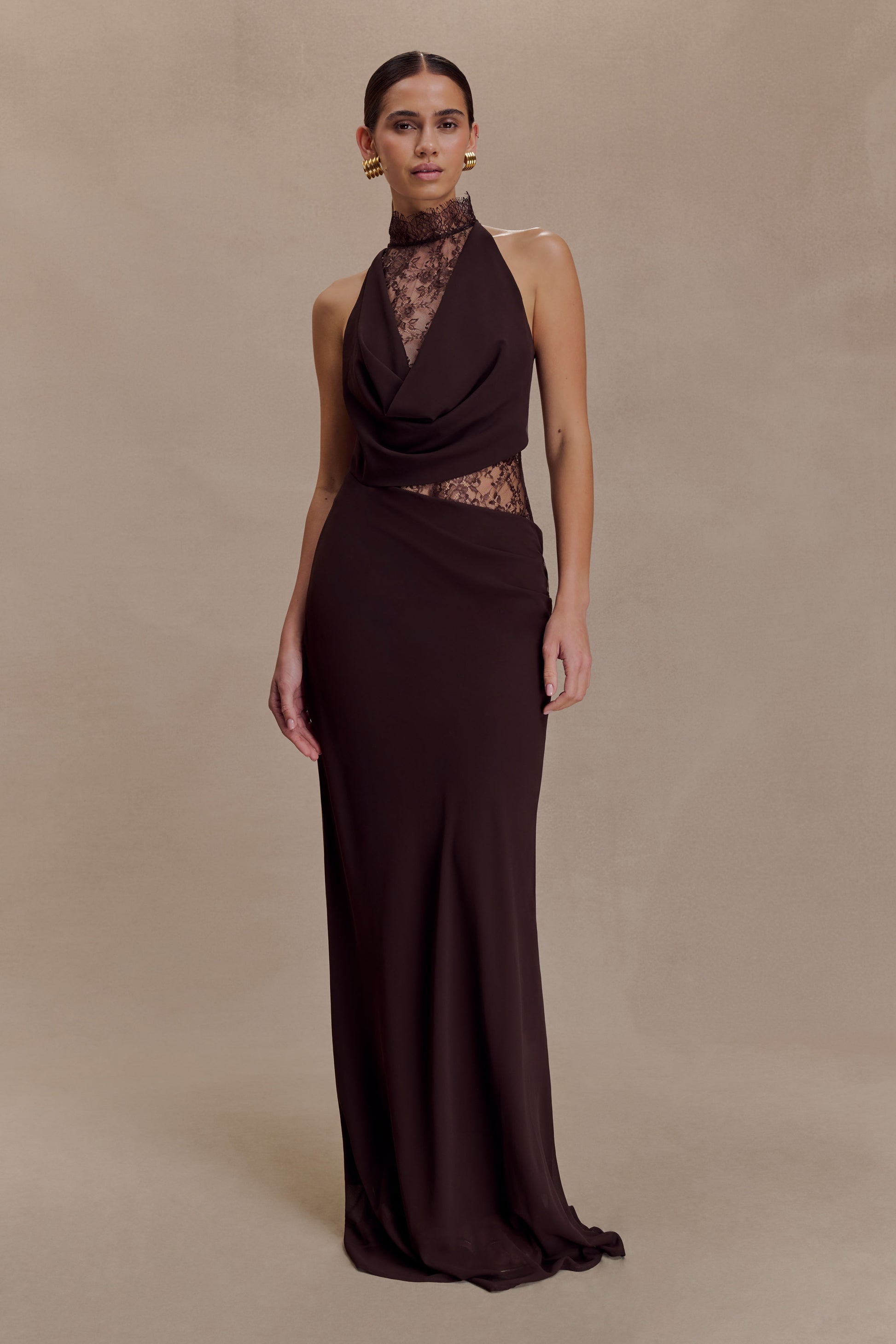 Arra Chiffon And Lace Halter Maxi Dress - Cacao Brown Arra Chiffon And Lace Halter Maxi Dress - Cacao Brown