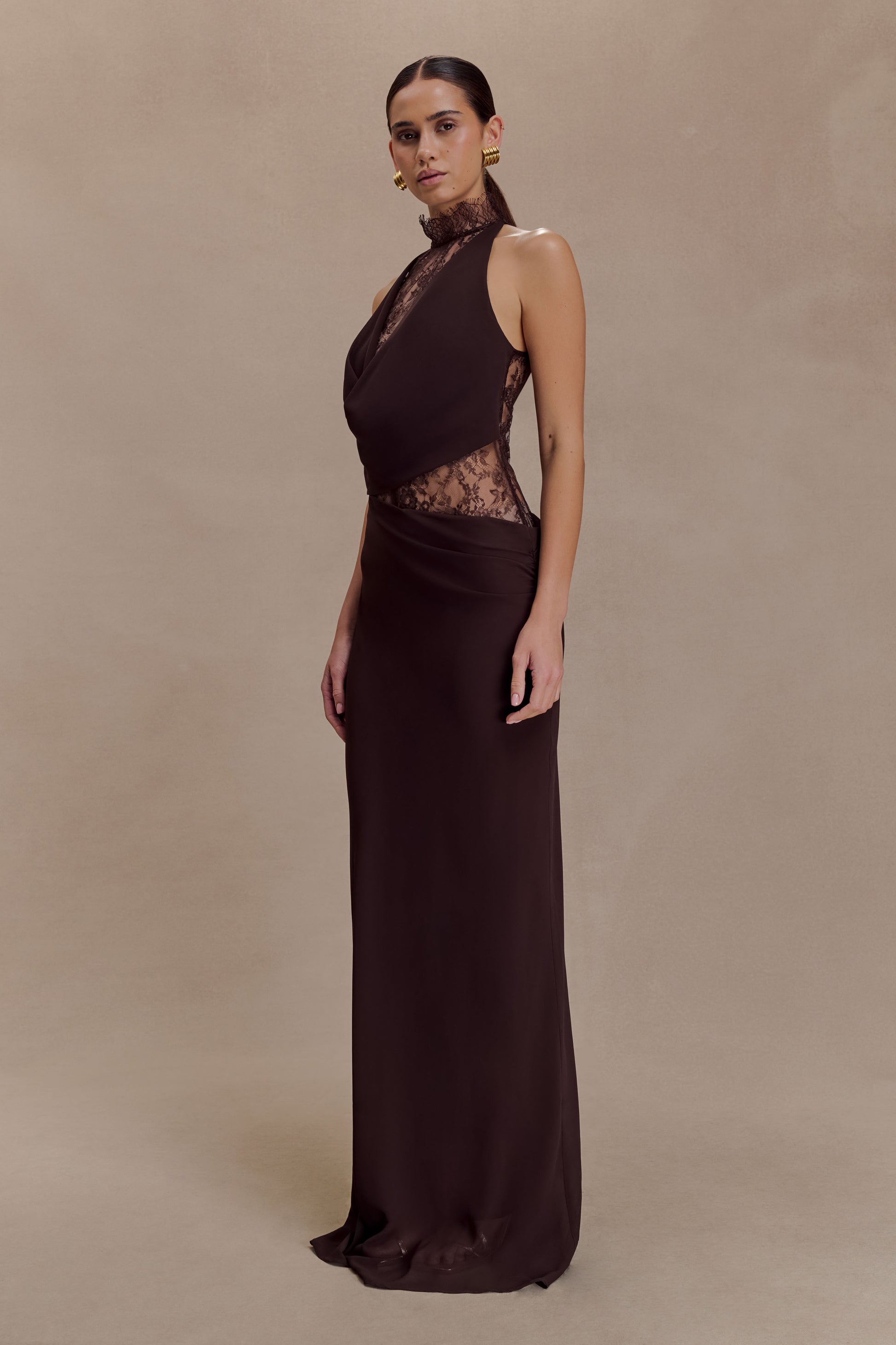 Arra Chiffon And Lace Halter Maxi Dress - Cacao Brown #4