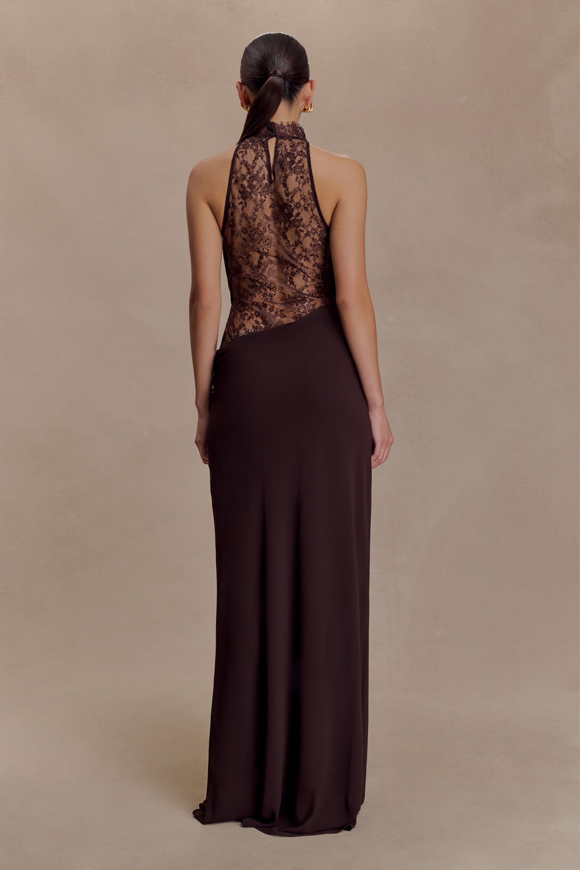 Arra Chiffon And Lace Halter Maxi Dress - Cacao Brown | MESHKI Arra Chiffon And Lace Halter Maxi Dress - Cacao Brown | MESHKI