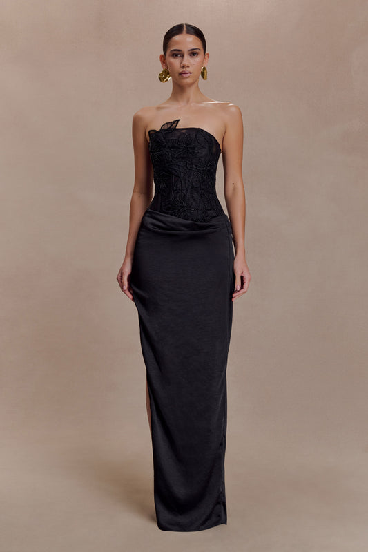 Asha Floral Mesh And Satin Maxi Dress - Black