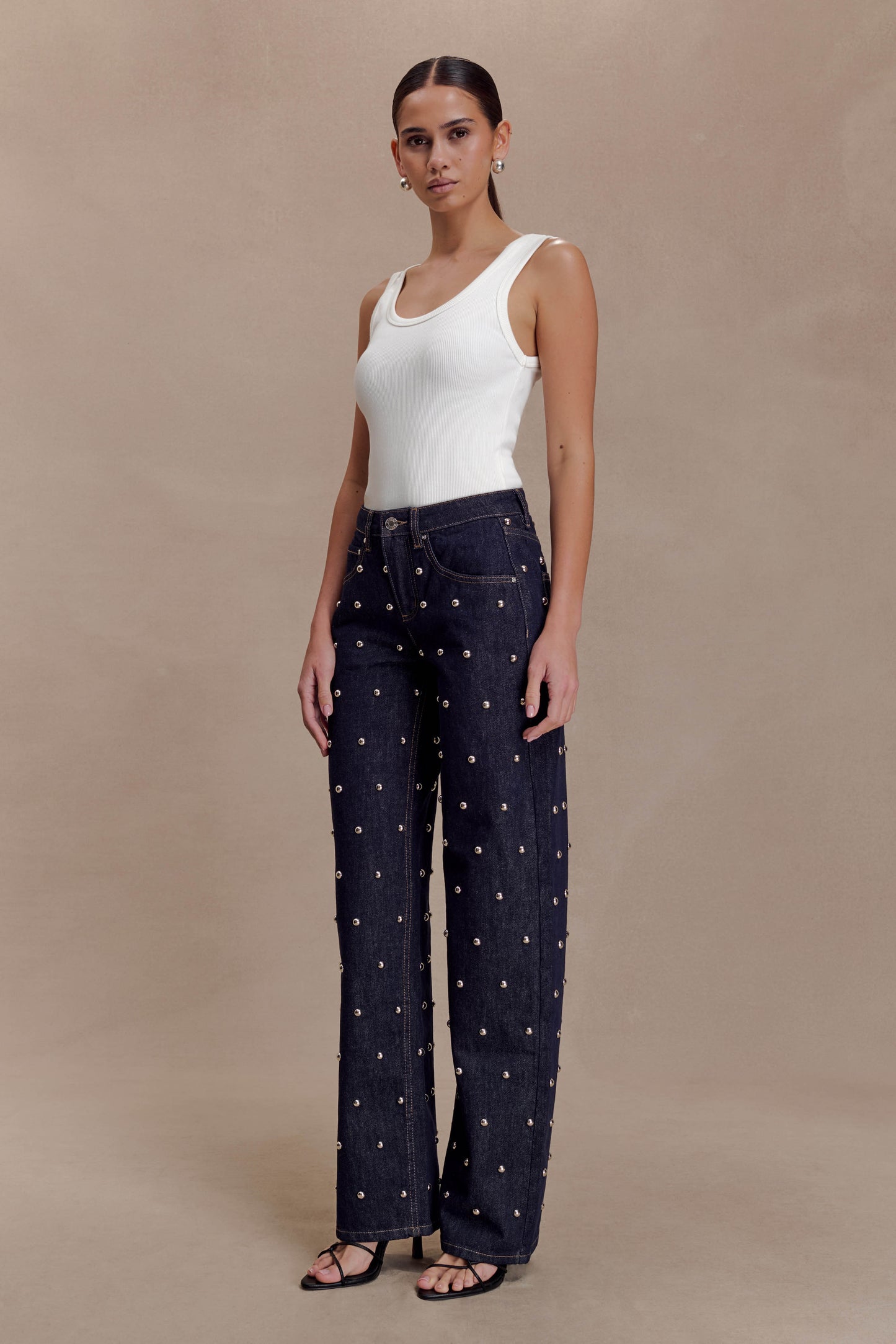 Alima Mid Rise Stud Denim Jeans - Washed Indigo Blue