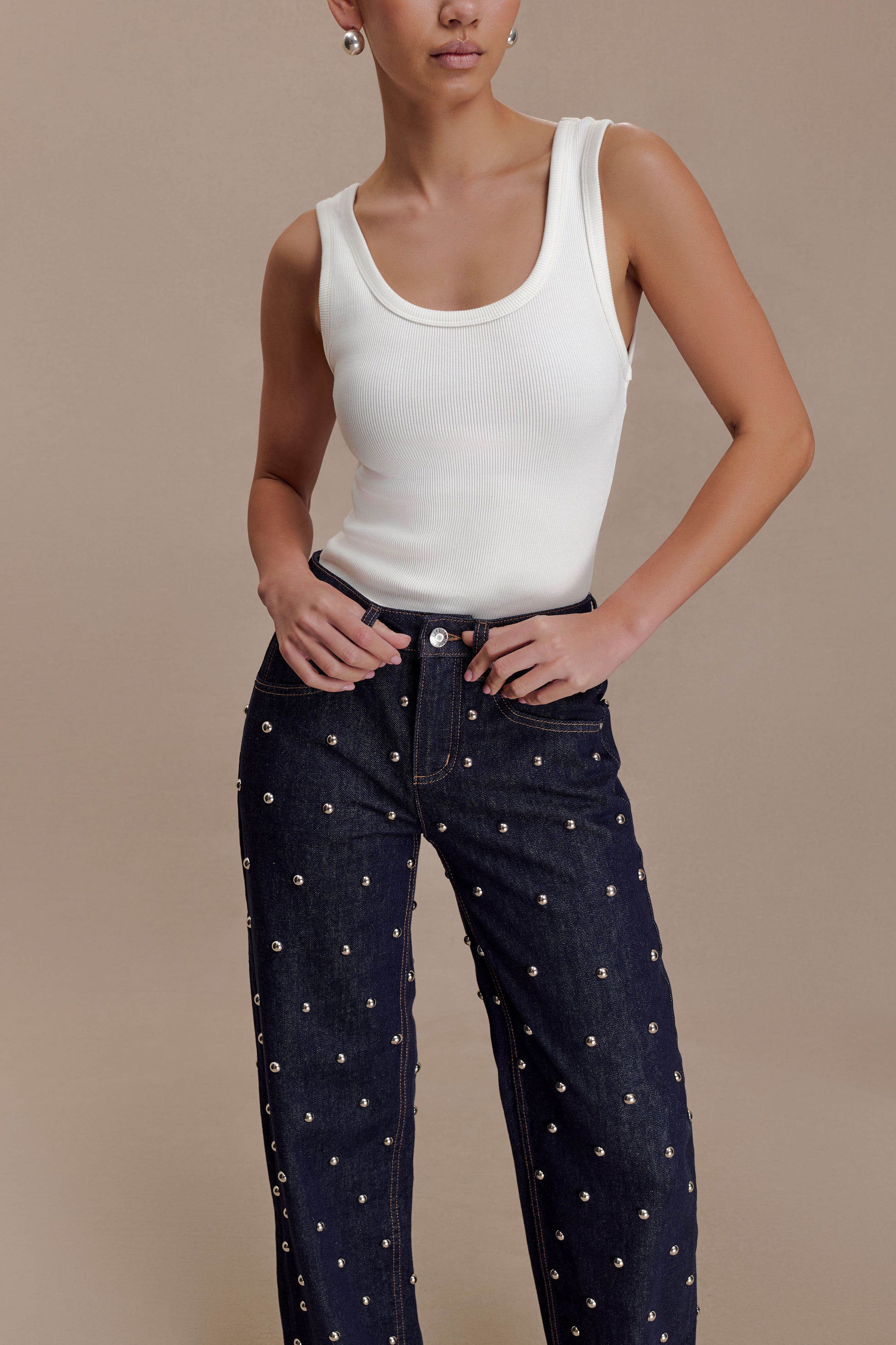 Alima Mid Rise Stud Denim Jeans - Washed Indigo Blue #9