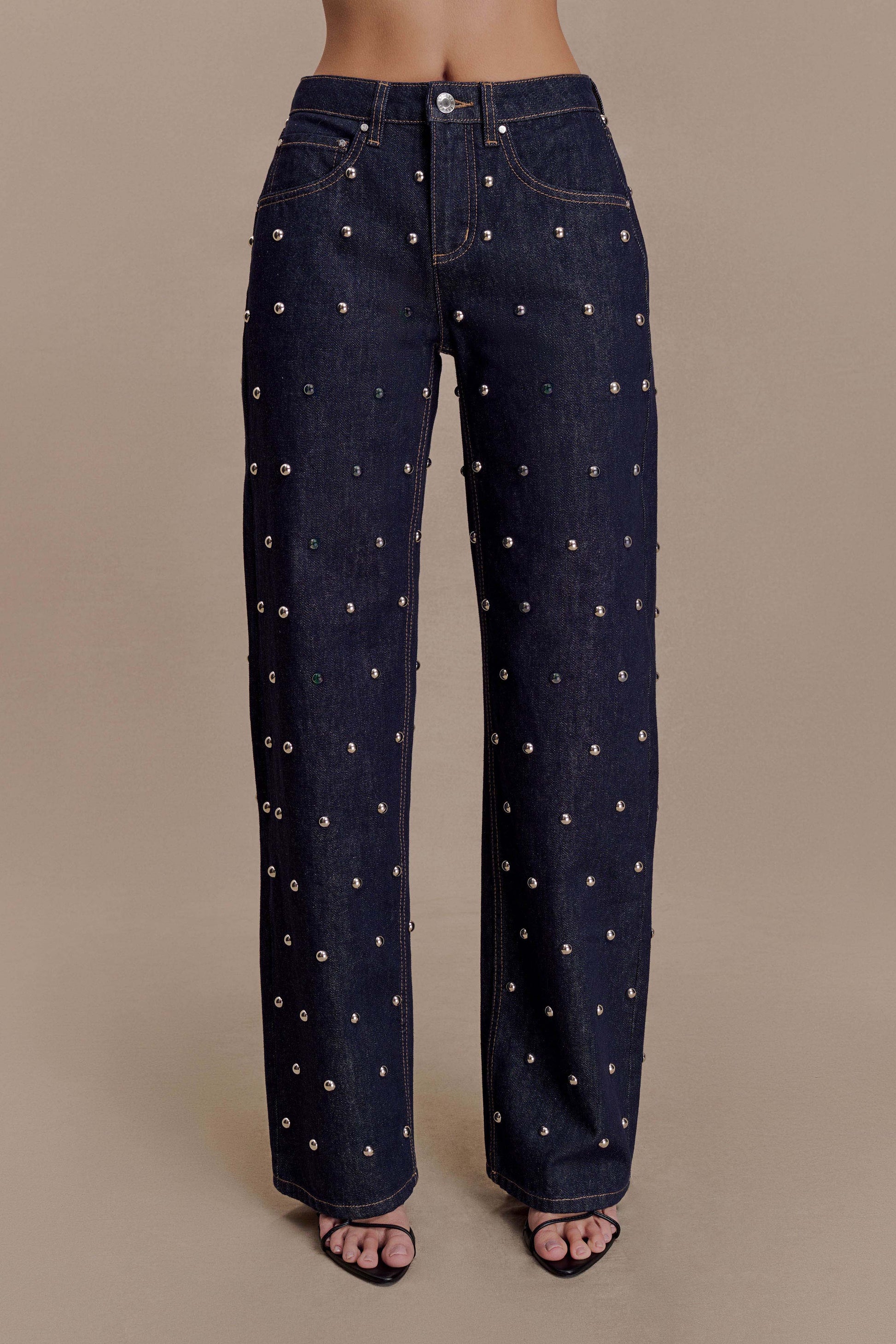 Alima Mid Rise Stud Denim Jeans - Washed Indigo Blue #6