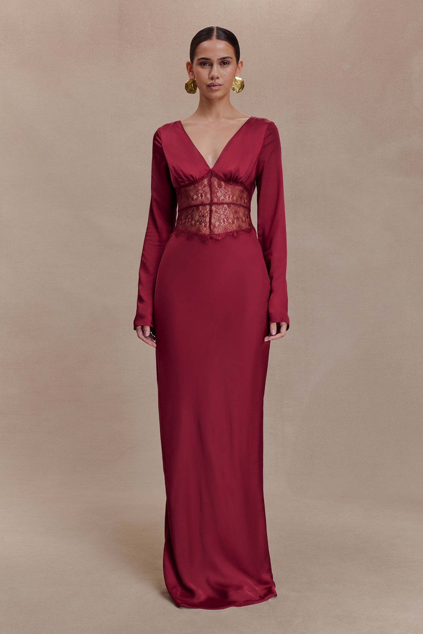 Kaya Long Sleeve Satin And Mesh Maxi Dress - Wine