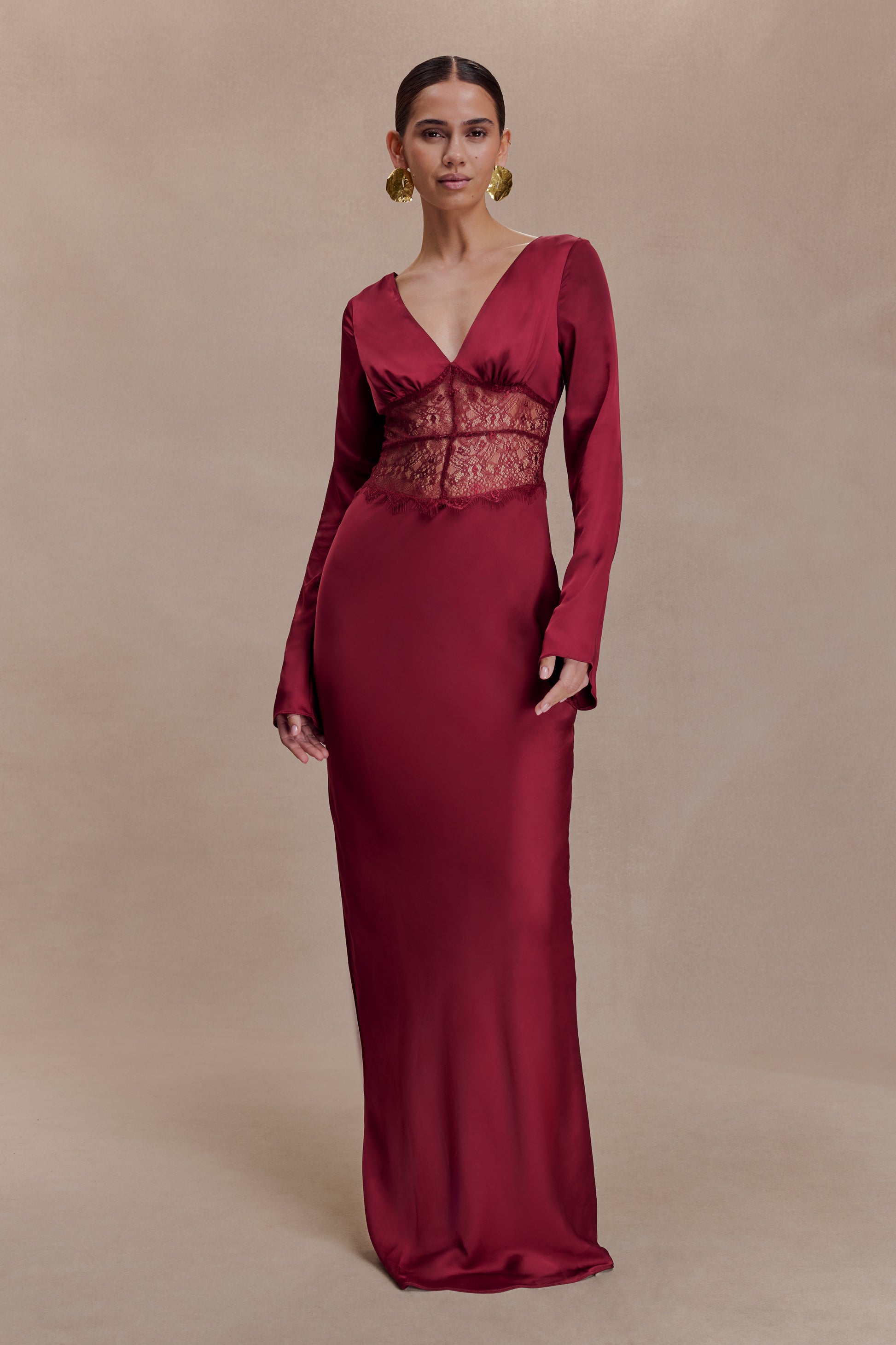Kaya Long Sleeve Satin And Mesh Maxi Dress - Wine #4