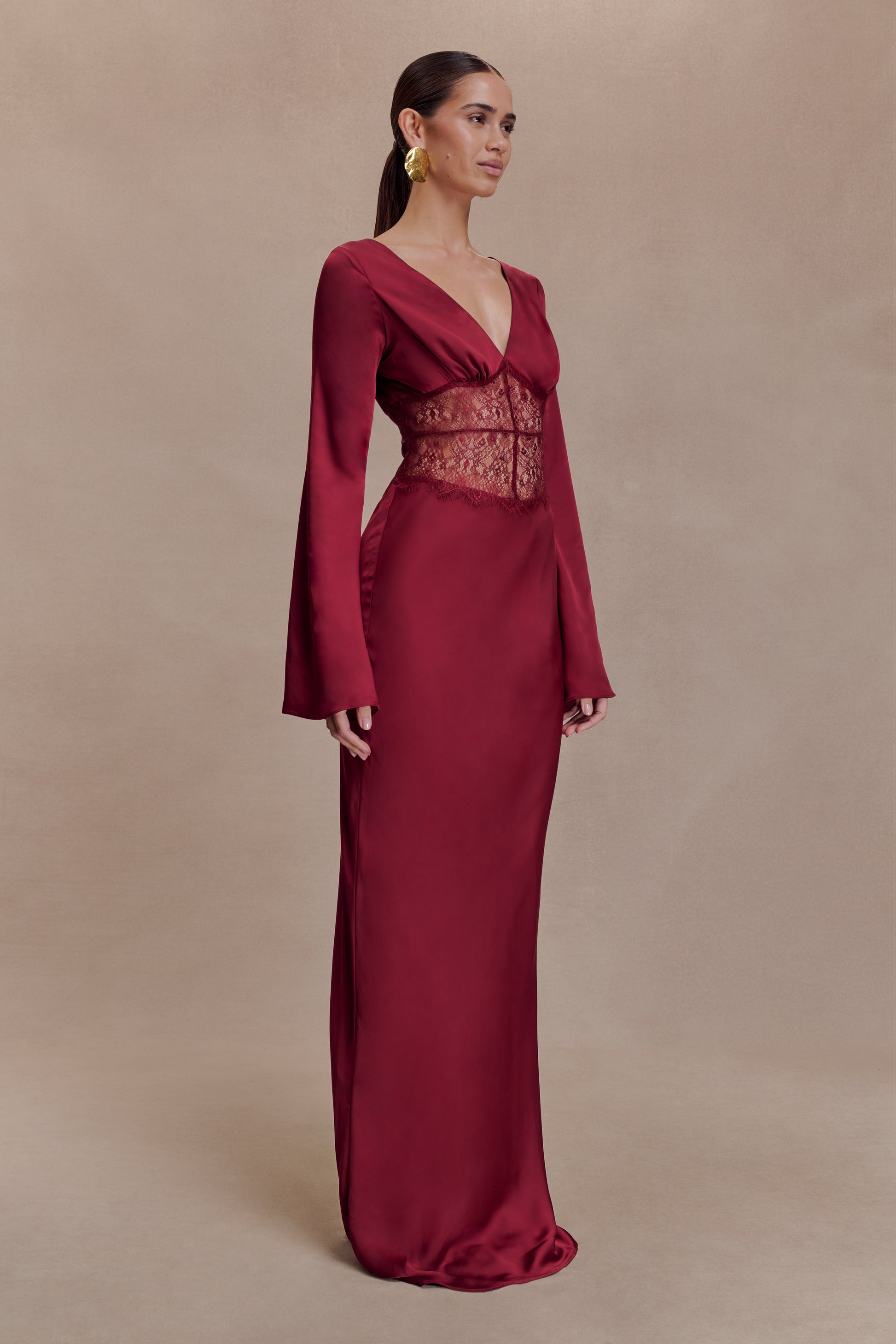 Kaya Long Sleeve Satin And Mesh Maxi Dress - Wine | MESHKI Kaya Long Sleeve Satin And Mesh Maxi Dress - Wine | MESHKI