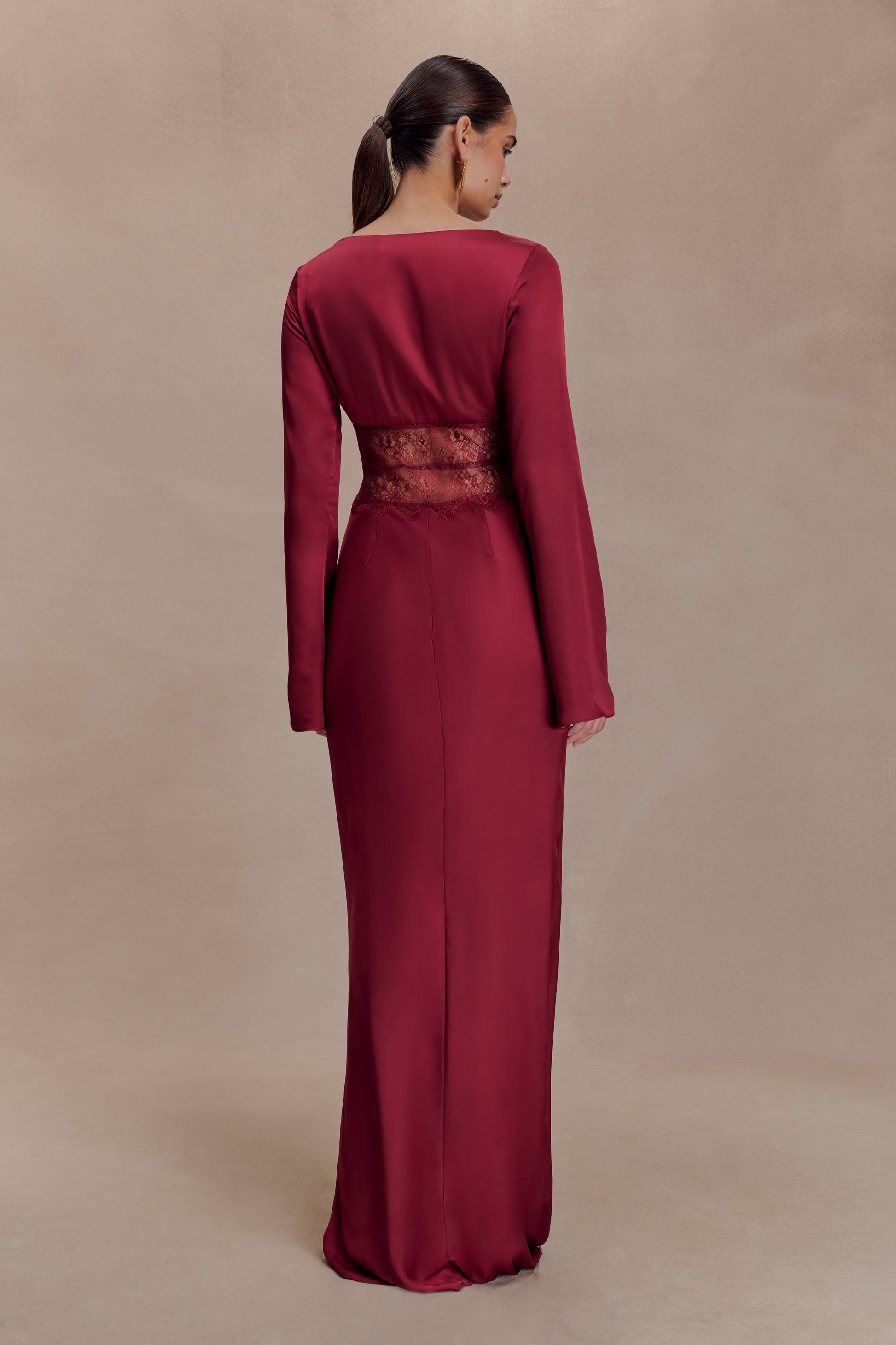 Kaya Long Sleeve Satin And Mesh Maxi Dress - Wine #2
